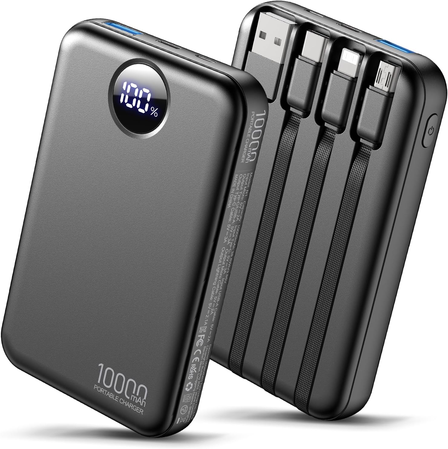 Banco de energía de 10000 mAh con 4 cables integrados, cargador portátil de carga rápida PD de 20 W con pantalla LED, salidas USB-C y USB-A, 5