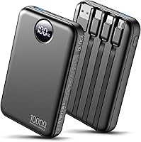 WELCOME 10000mAh Power Bank with 4 Built-in Cables, LED Display, Slim Portable Charger for iPhone, Android - Charge 5 Devices