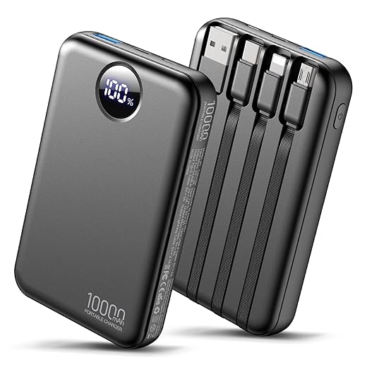 Portable Charger 10000mAh Power Bank with 4 Built-in Cables,LED Display Compact and Battery Pack with Multiple USB Ports All-in-One Travel Charger for iPhone,Android and Other Devices-Black