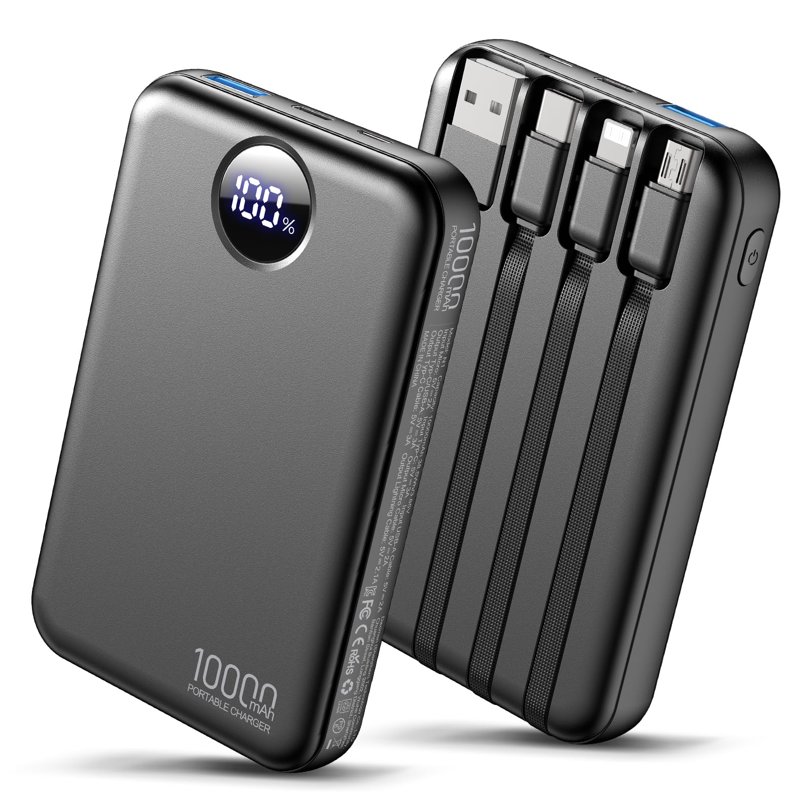 Portable Charger 10000mAh Power Bank with 4 Built-in Cables LED Display Compact and Battery Pack with Multiple USB