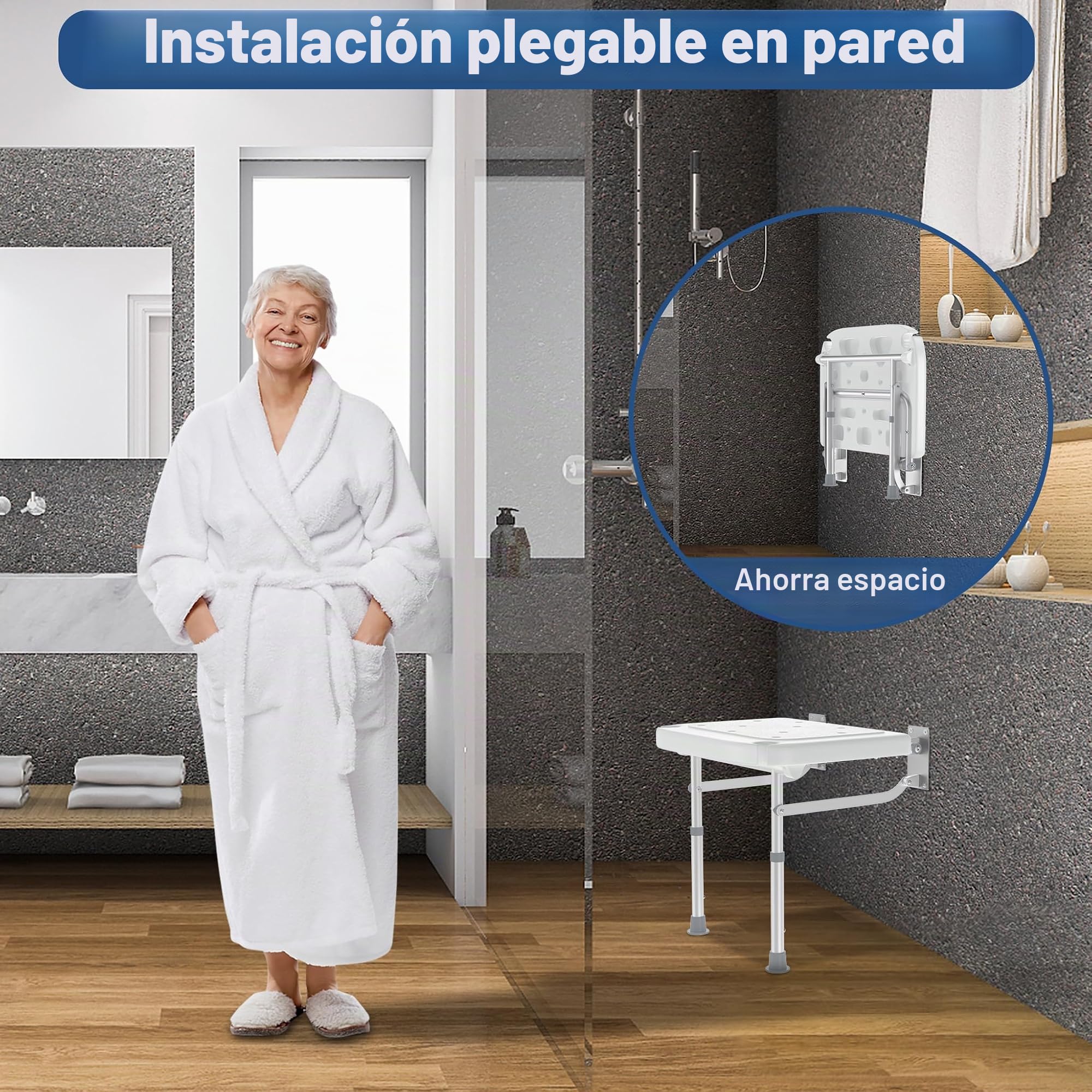 YRHome Asiento de ducha plegable para montaje en pared, silla de ducha plegable con soporte para ducha, asiento antideslizante con drenaje y ahorro de espacio, altura ajustable para personas mayores