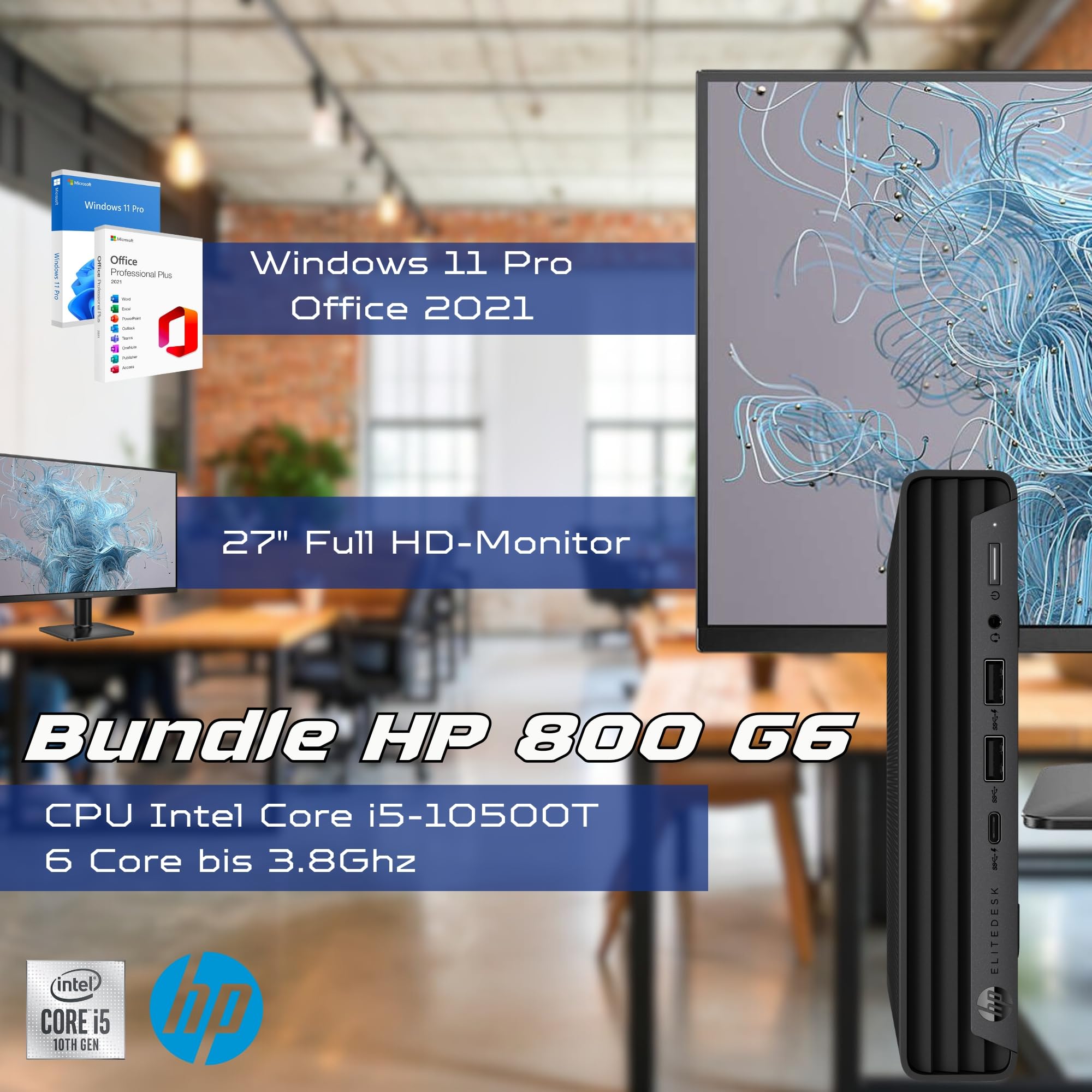 HP Bundle EliteDesk 800 G6 Mini PC | Intel Core i5-10500T | 16 GB RAM | 512GB SSD Nvme Monitor 27” FullHD Win 11 Pro Garanzia 36 Mesi