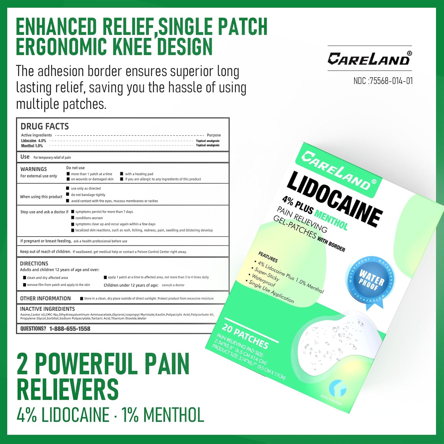 CARELAND 4% Lidocaine Knee Patches Plus 1% Menthol,20 Pcs Waterproof Maximum Strength Back Pain Relief Products Patches with Border,for Knee Shoulder Pain Relief