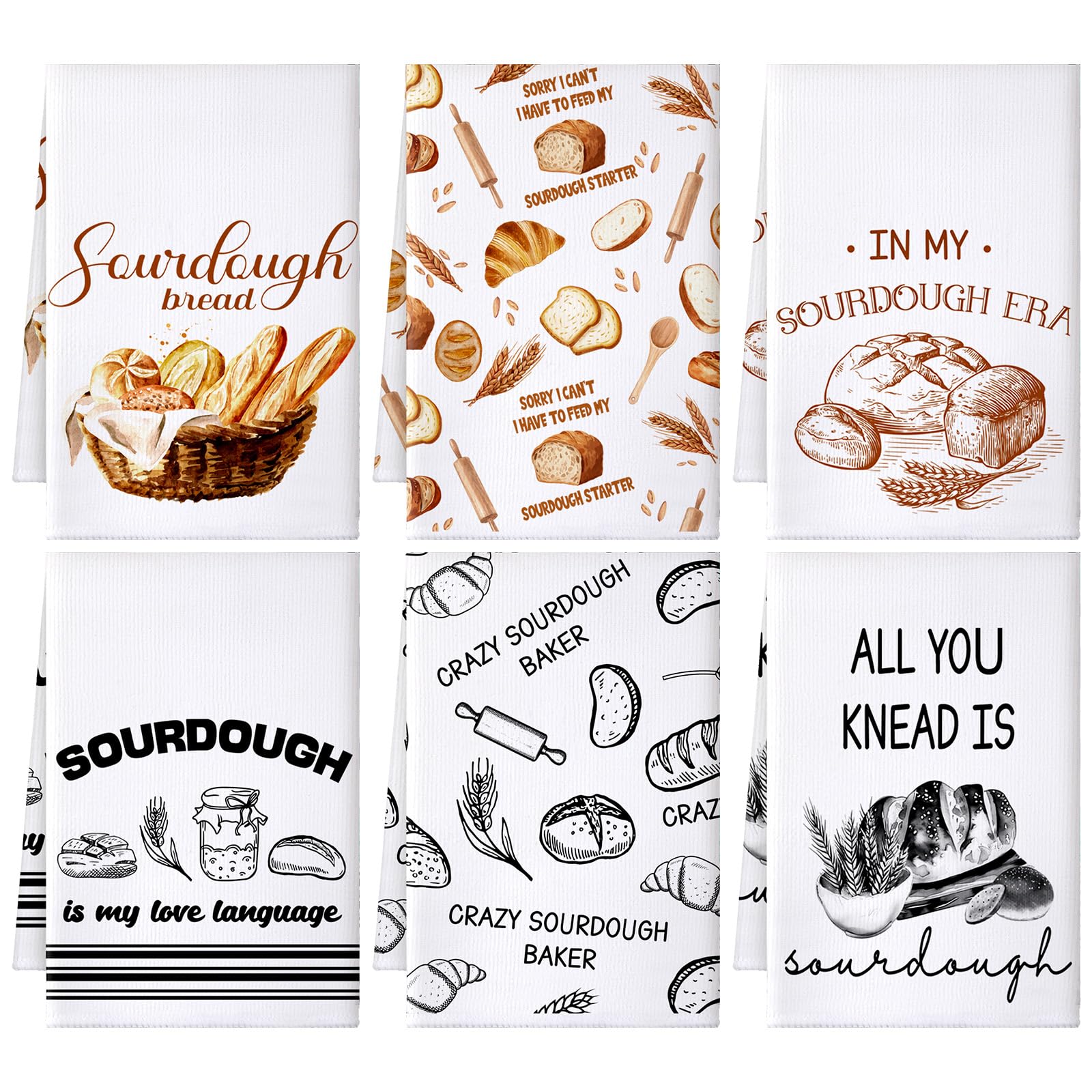Hahafelt 6 Pcs Funny Sourdough Baking Kitchen Towels Gifts for Sourdough Bakers Lovers Decorative Dish Towels, Bread Maker Gifts Hand Tea Towel for Dining Kitchen16 x 24''