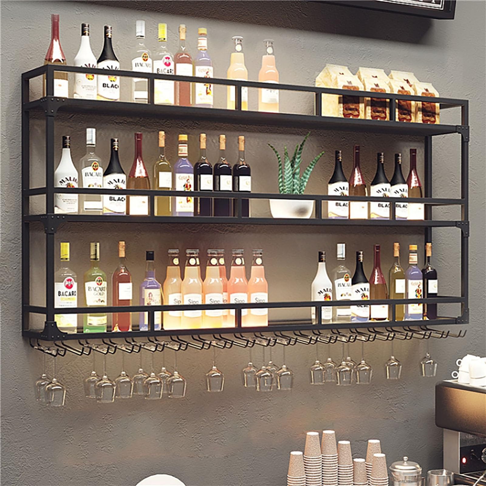 Estante de vino de 3 niveles montado en la pared con LED y colgador para copas – Soporte grande para el hogar, bares y cocina, organizador de almacenamiento de licor con soporte para tazas –