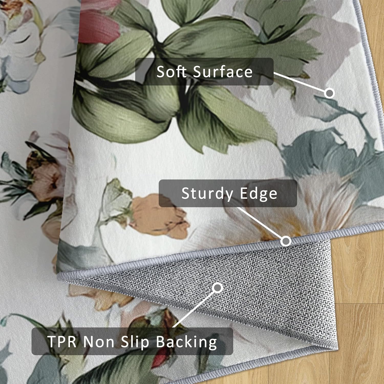 Peony Runner Rug for Hallway, 2x5 - Washable Botanical Floral Carpet Runner, Peony Flower Decor for Bedroom Kitchen Laundry Entryway, Non Slip Rubber Backing Soft Thin
