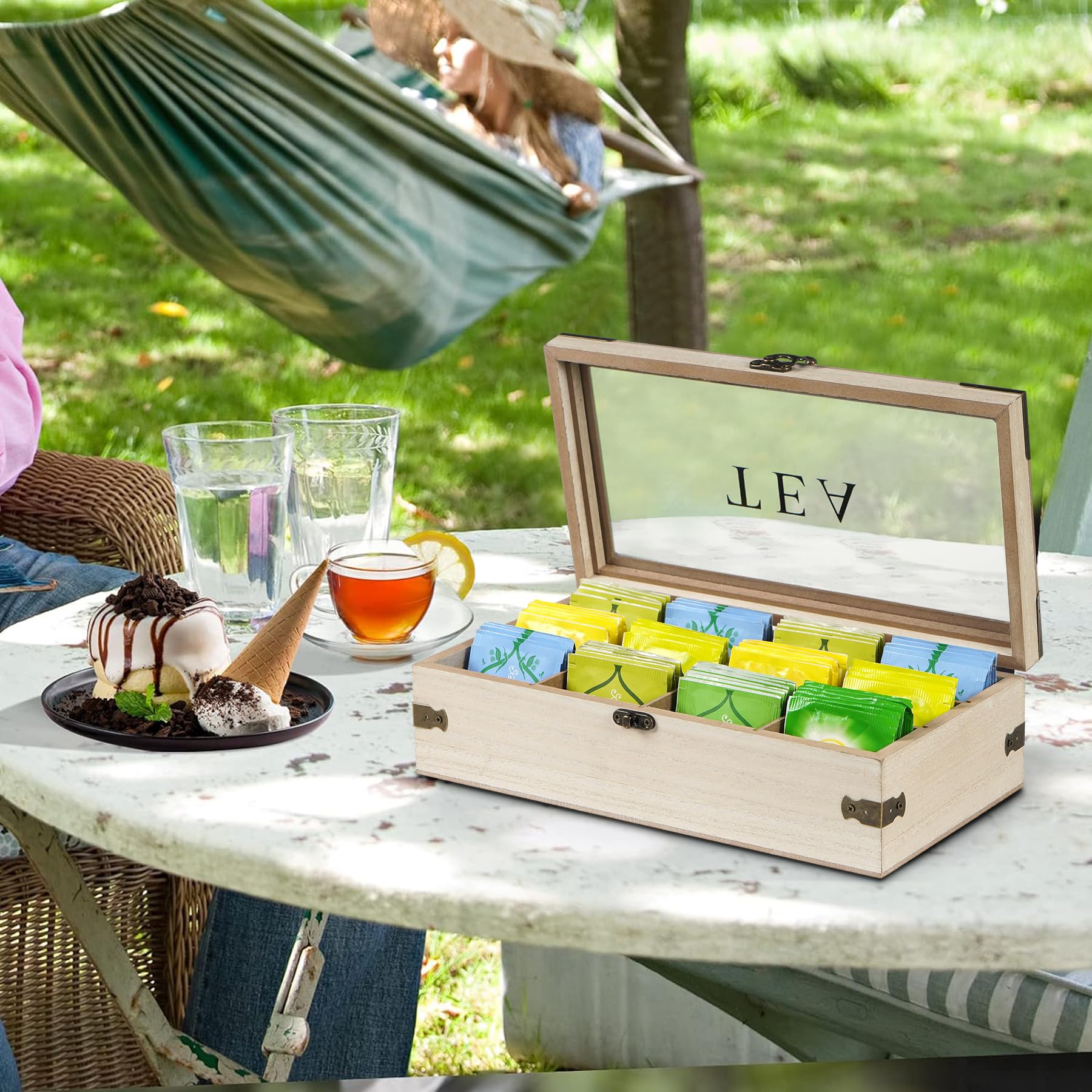 handrng Teebox-Organizer, Tee-Organizer für Teebeutel, Holz, 12 Fächer, Tee-Aufbewahrungs-Organizer, Teebeutelhalter mit transparentem Deckel für Tisch, Schrank, Schublade