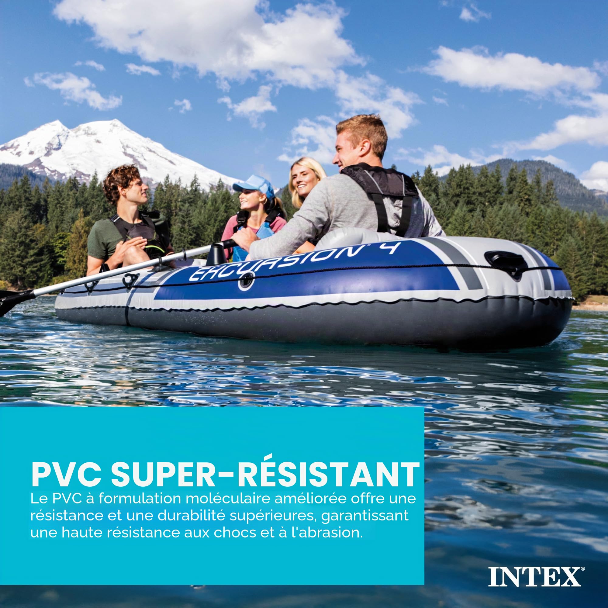 Intex Excursion 4 Bateau gonflable pour 4 personnes avec rames en aluminium et pompe à air à haut rendement