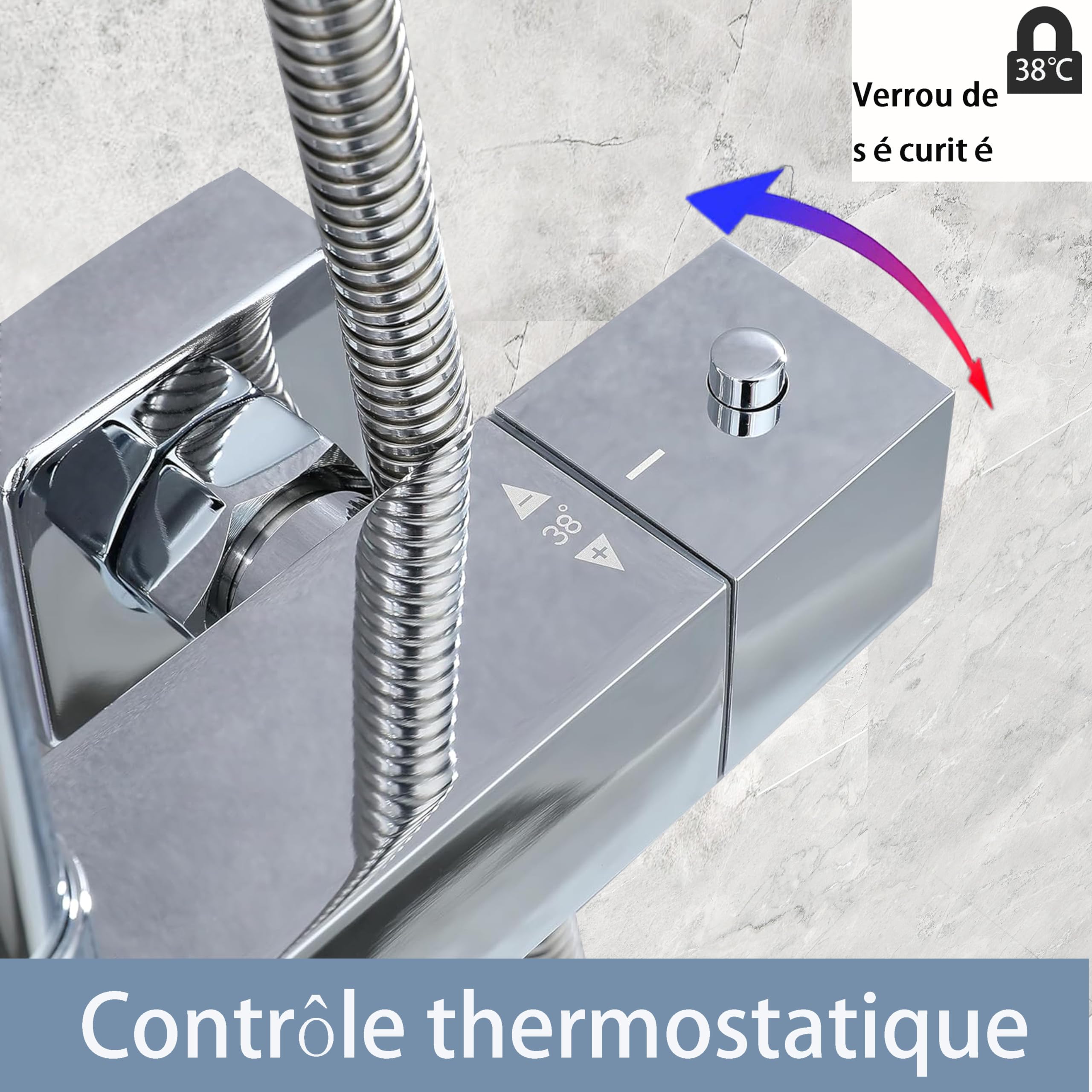 AICA Ensemble de Colonne de Douche Thermostatique pour Salle de Bain, Robinet de Douche Thermostatique, Laiton, Chromé, Hauteur Réglable 730 mm-1150 mm (Carré 3, argent)