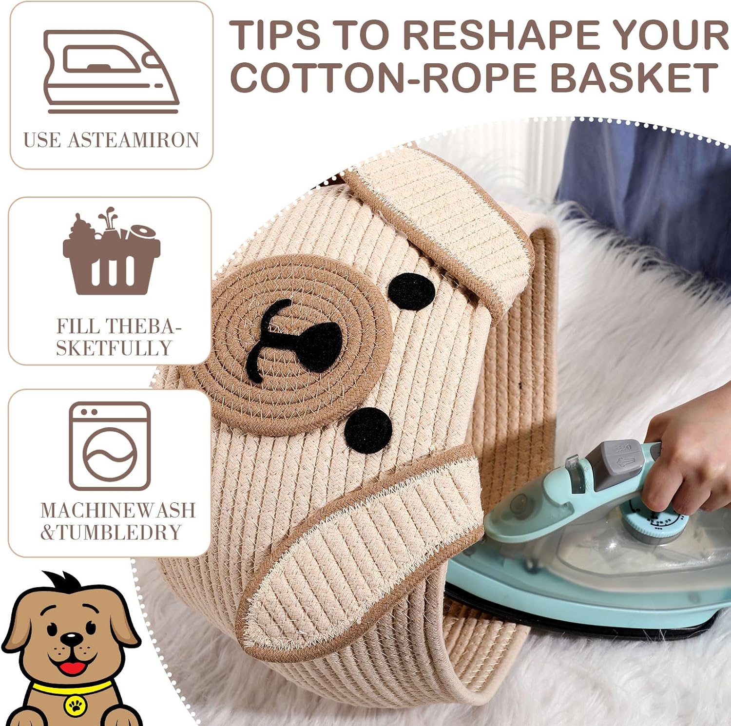 Zopeal Dog Woven Basket Cute Woven Cotton Rope Puppy Animal Storage Basket for Laundry Toy Gift(Khaki,13 x 8 Inch)