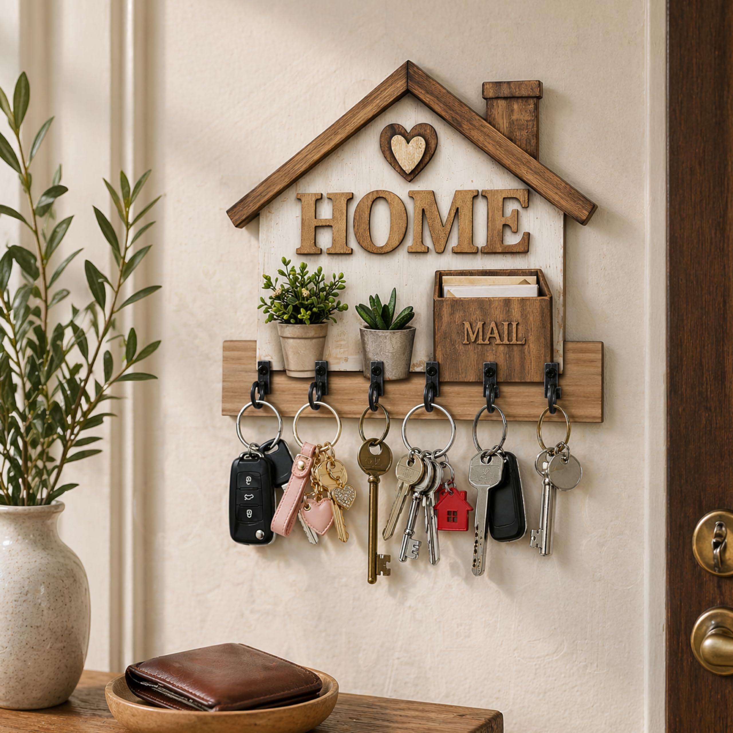 DEKORI Appendichiavi da Parete HOME in Legno – Portachiavi da Muro 6 Ganci Metallo – Decorazione Ingresso Casa Stile Country Moderno – Organizer Chiavi Parete – Made in Italy