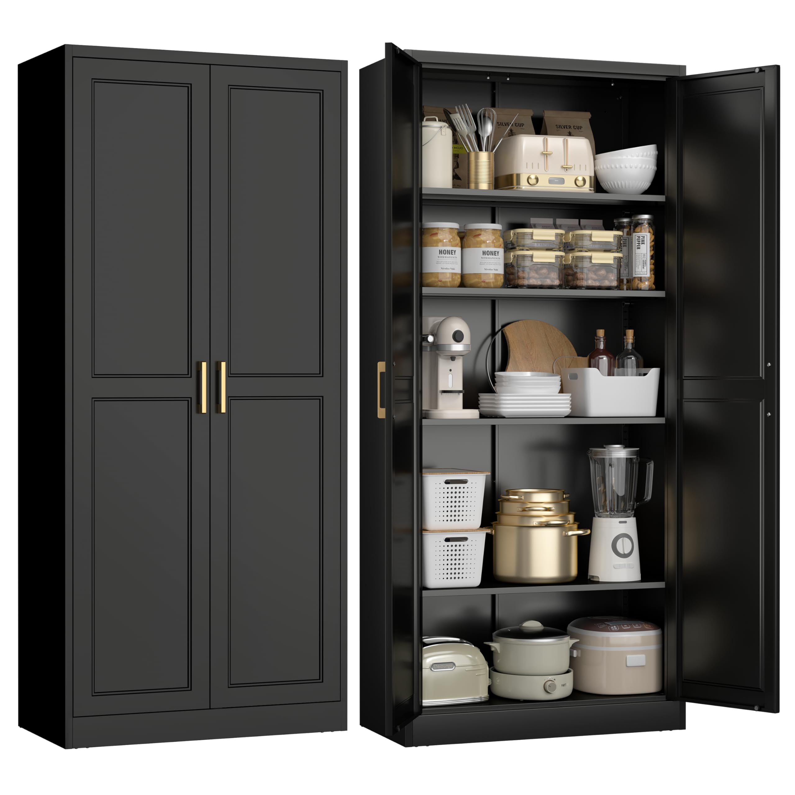 71" Kitchen Pantry Cabinet, Pantry Storage Cabinet with Doors and 4 Shelves, Metal Storage Cabinets for Kitchens, Living Room, Dinning Room, Assembly Required, Black