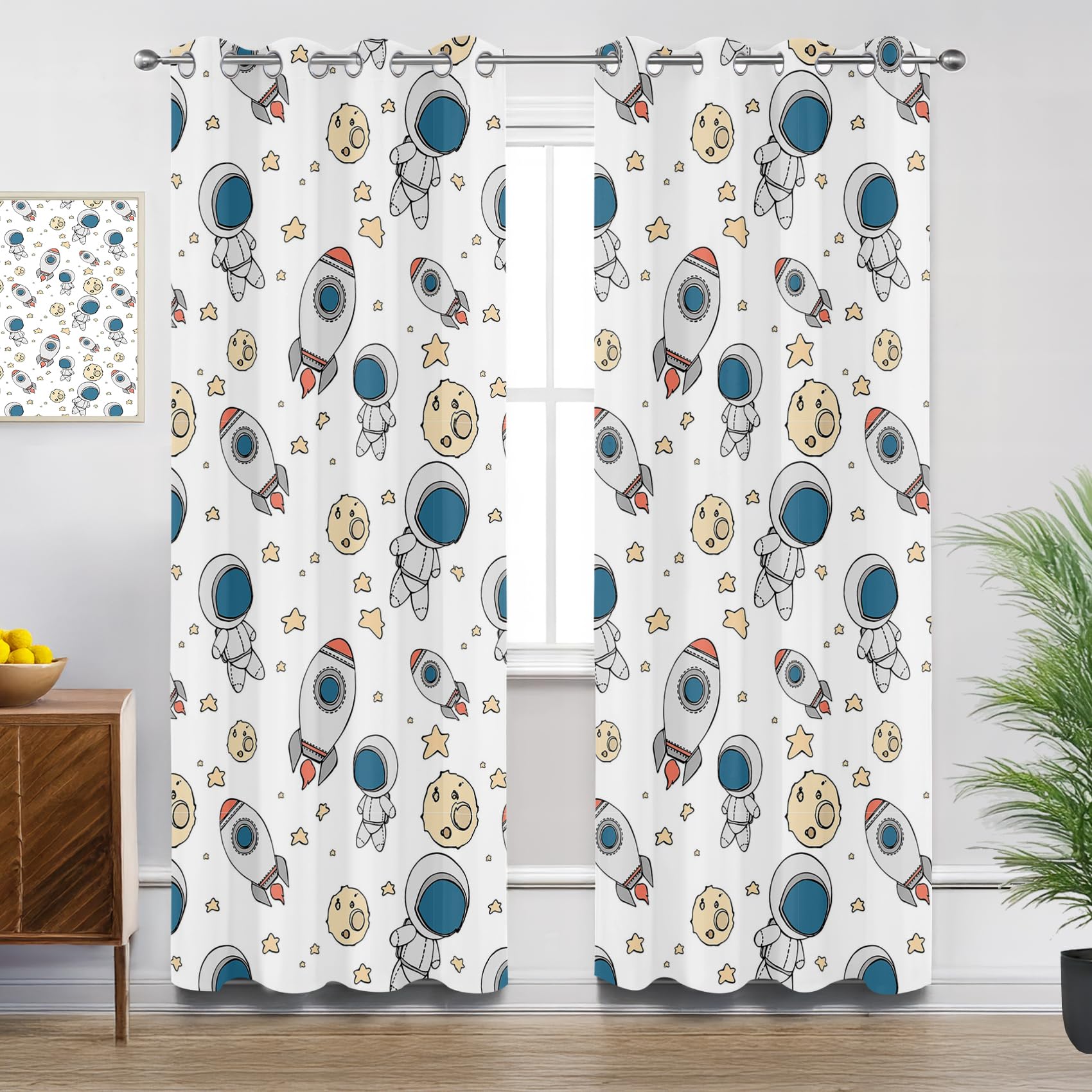 Astronaut Kitchen Curtains for Windows - Cartoon Astronaut Rocket Kids Blackout Eyelet Curtain 54 Drop, Short Curtains for Bedroom, W46 X D54, 2 Panels Drapes Home Decor