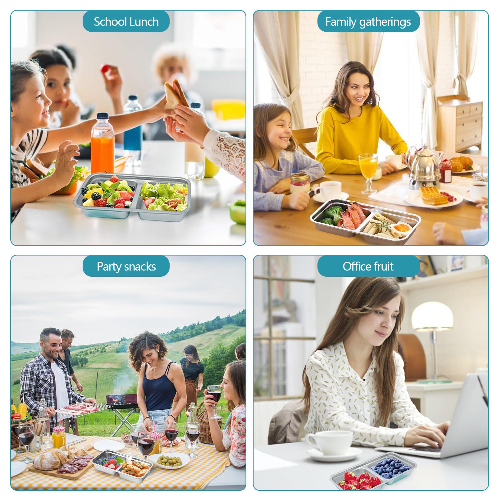 Grab and Go - Contenitori per snack riutilizzabili, in acciaio inox, a doppio scomparto, lavabili in lavastoviglie, contenitori riutilizzabili per condimenti con coperchi, snack, salse, da asporto