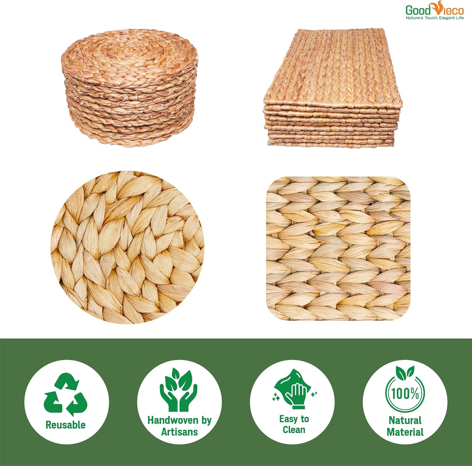 Woven Placemats Set of 10-12 inch, Handcrafted Water Hyacinth Round Rattan Place Mats for Dining Table, Natural Boho Wicker Farmhouse Table Decor, Indoor Outdoor Chargers