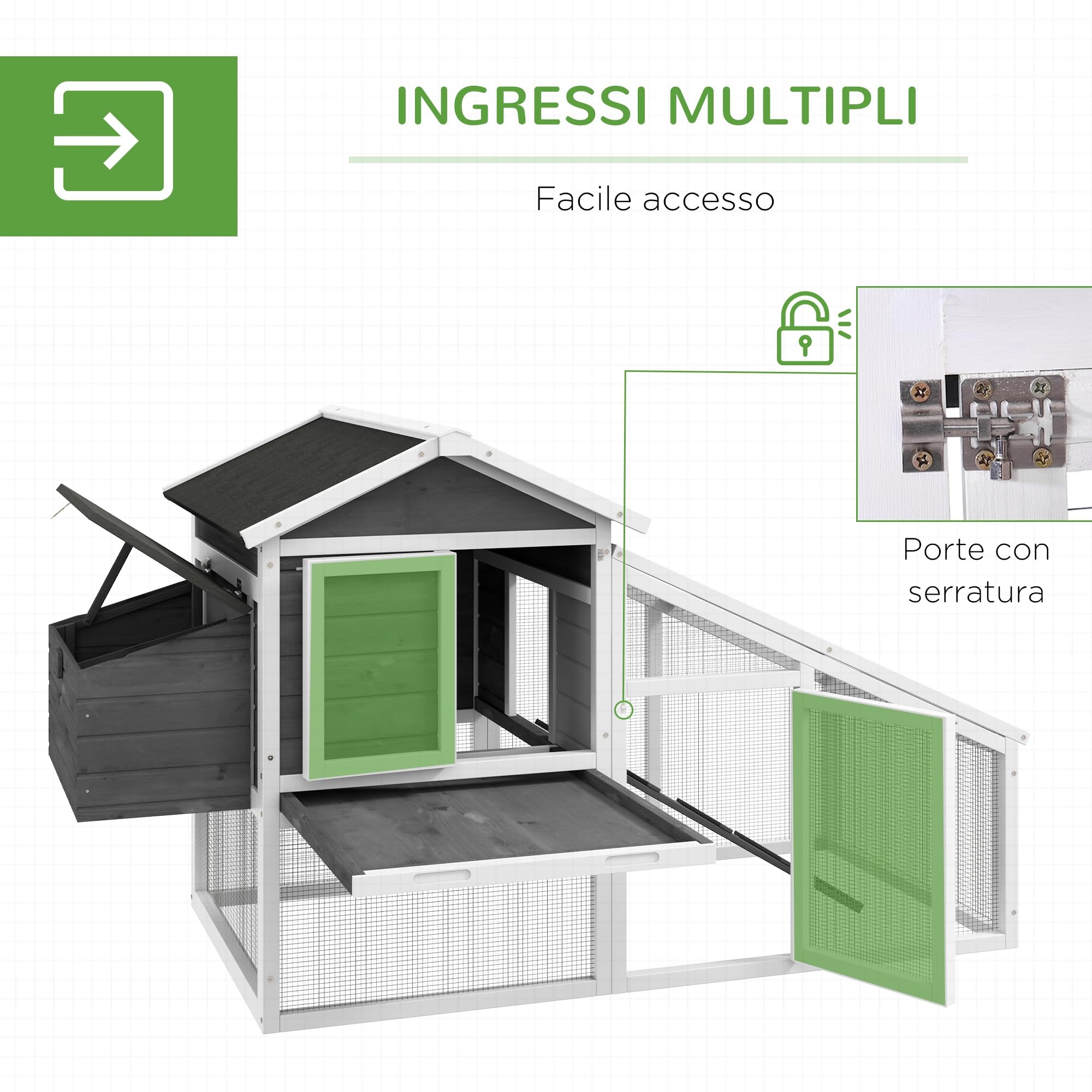 PawHut Gabbia per Galline Ovaiole o Anatre, Pollaio Prefabbricato in Legno di Abete con Tetto Impermeabile, 178x95x100 cm, Grigio