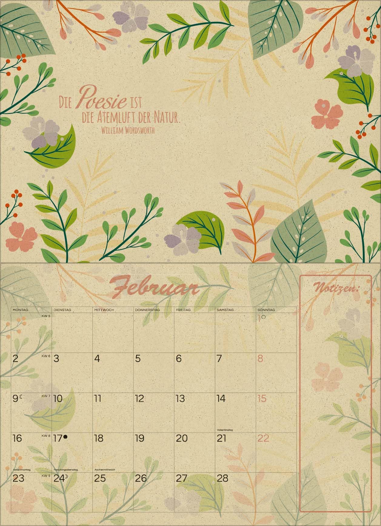 Natural Art Graspapier 2026: Broschürenkalender mit Ferienterminen. Format: 42 x 29 cm