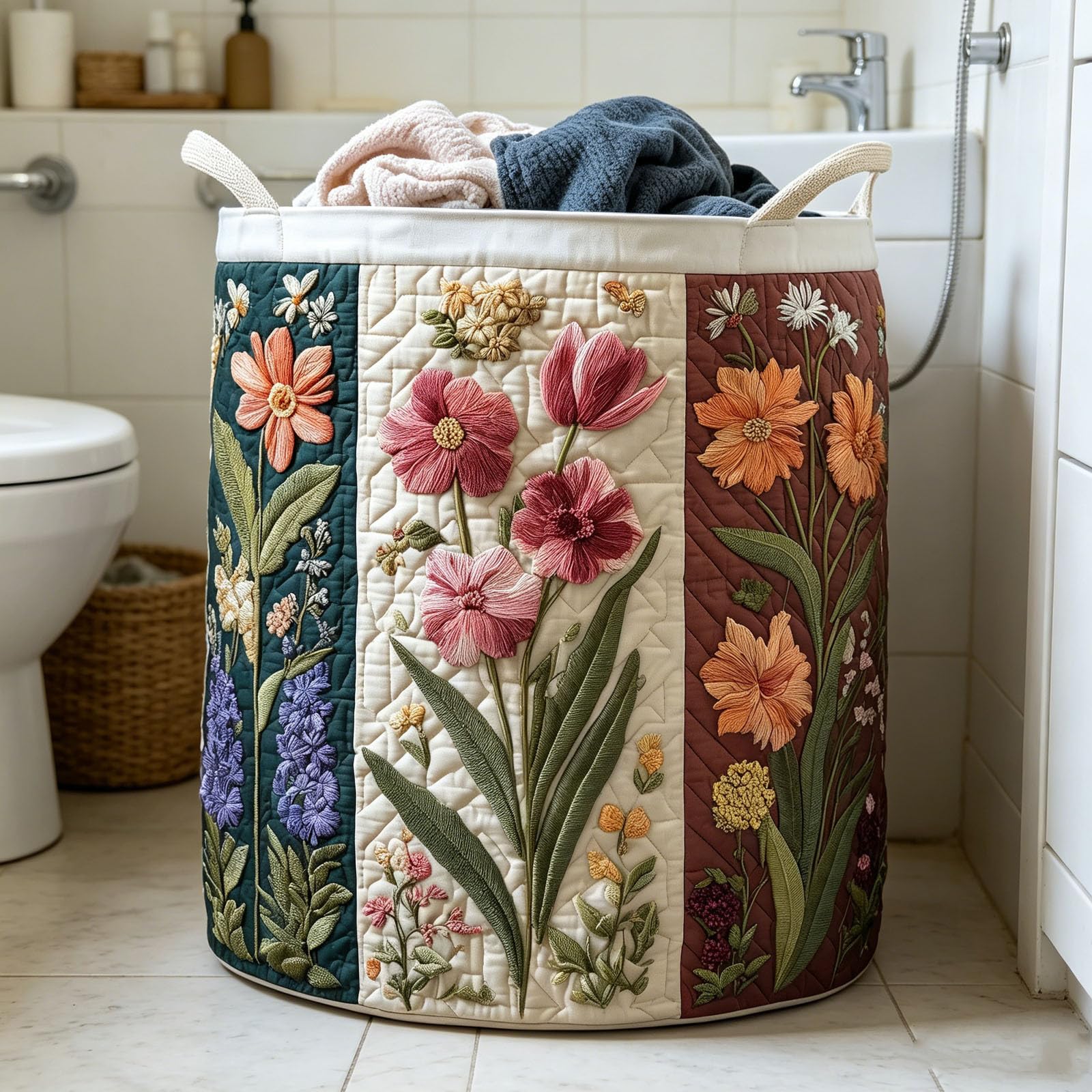 Cesto portabiancheria trapuntato con manici, cesto pieghevole per vestiti, giocattoli e articoli per la casa, in tessuto stile boho, ideale per l'organizzazione della casa