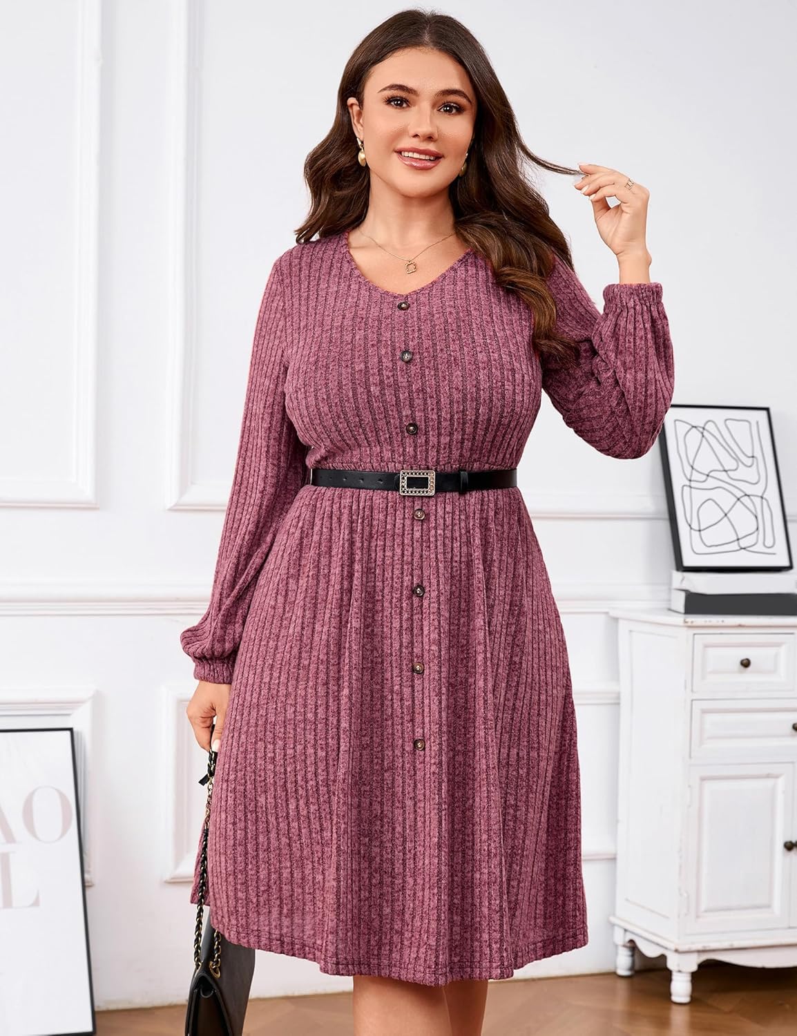 Womens Plus Size Casual Sweater Dress Lantern Long Sleeve V Neck Button A Line Flowy Ribbed Knit Winter Midi Dress with Belt - Image 2
