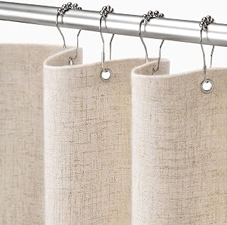XOGUIBO Linen Beige Shower Curtain 72x72 Boho Farmhouse with Hooks - Natural Textured Fabric Set