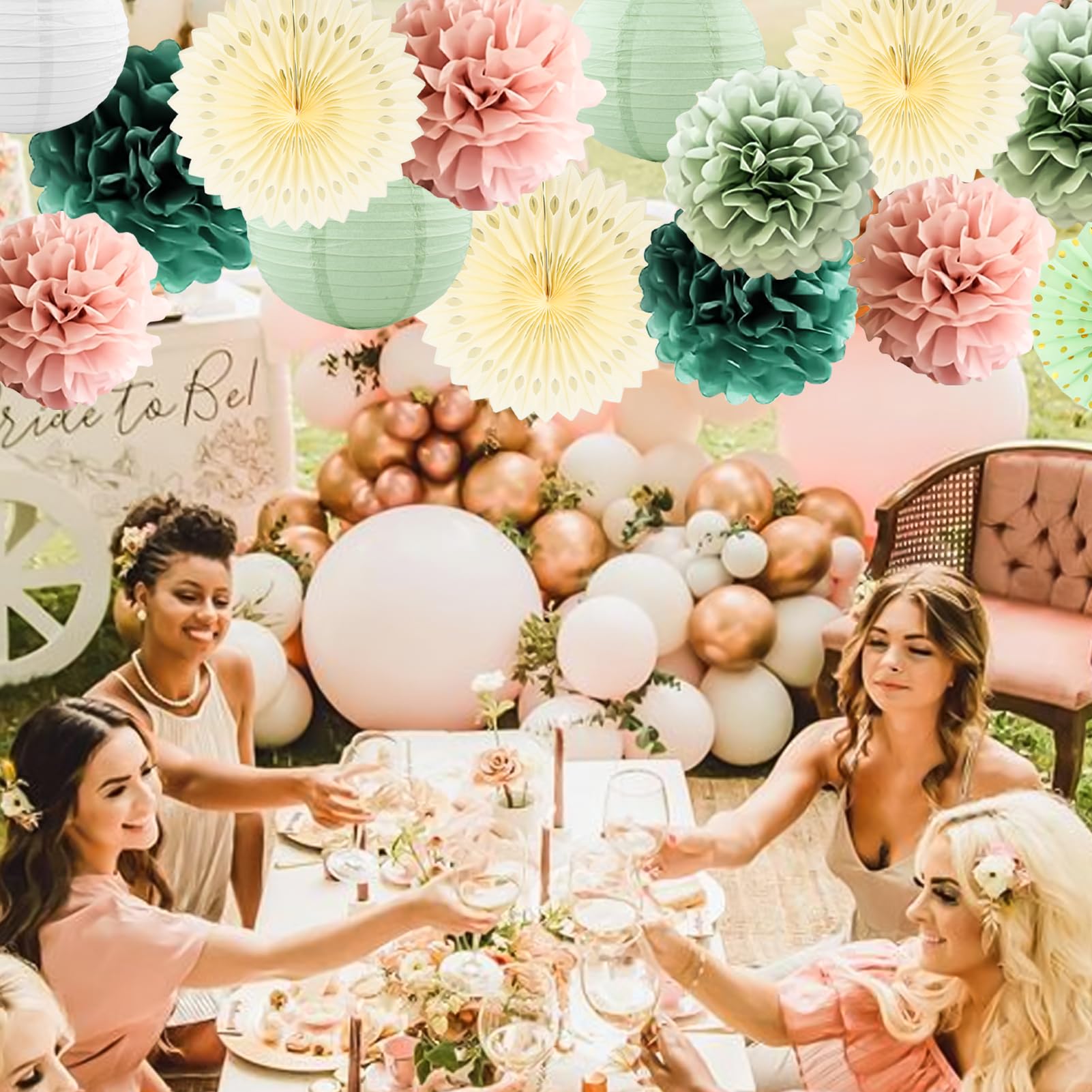 Verde salvia rosa, decorazione per feste, verde oliva, carta velina, pompon crema, lanterne di carta, ghirlande per matrimoni, decorazioni per feste di addio al nubilato, baby shower, decorazione di