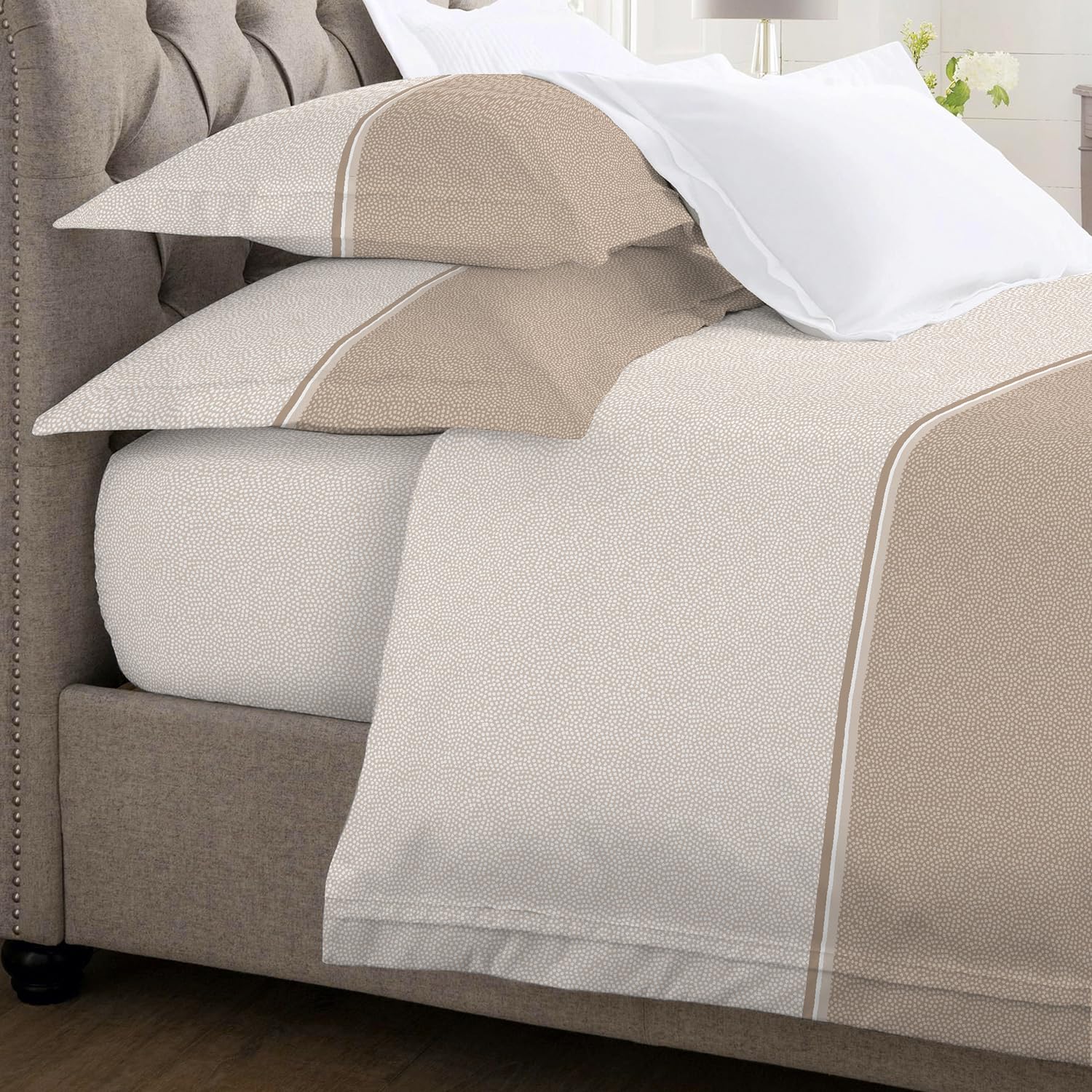 Banzaii - Completo Lenzuola Matrimoniale 100% Cotone Made in Italy, con Angolo h 30 cm, Ida Beige