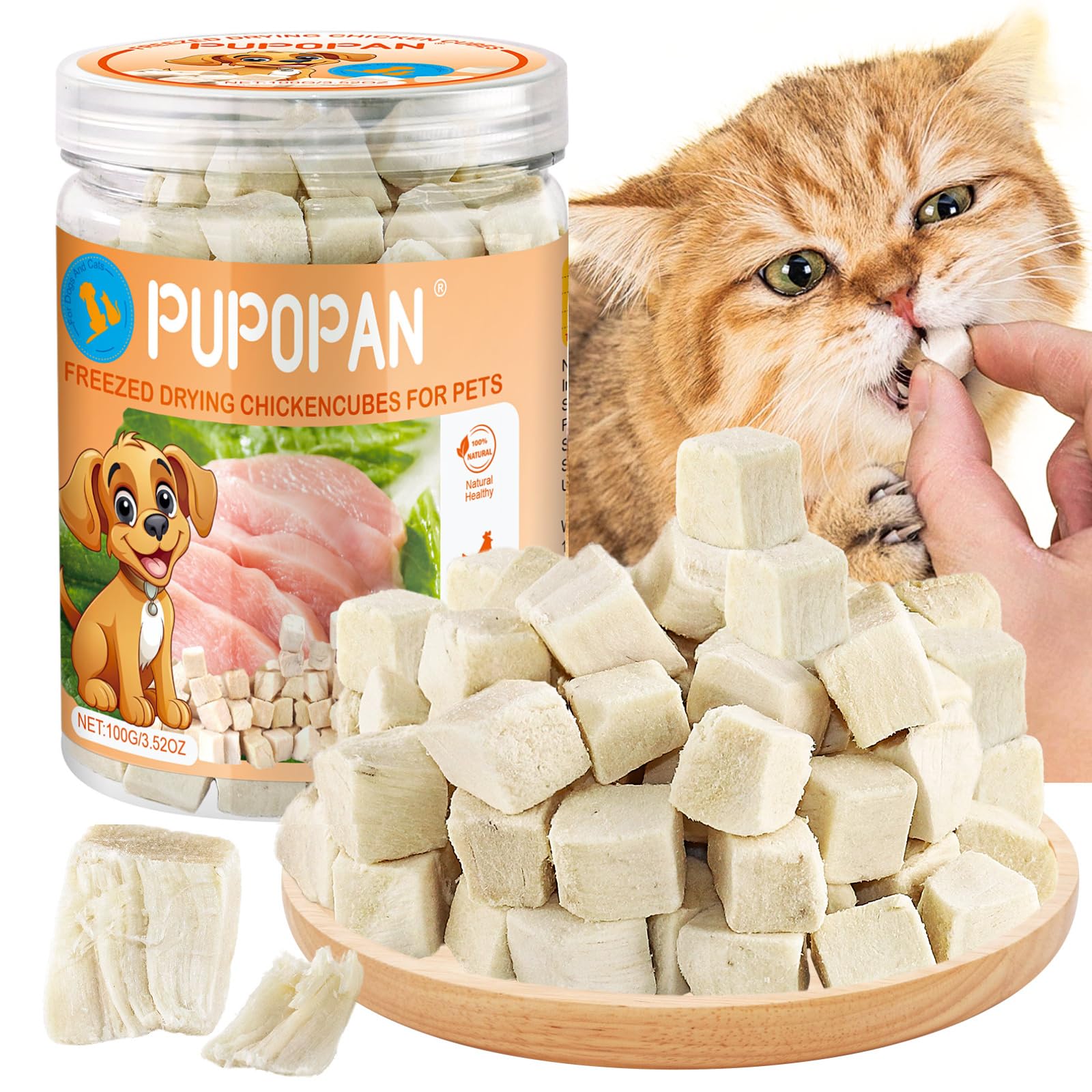 PuPoPan Freeze-Dried Chicken Cat Treats, 3.52 oz Chicken Cube Snacks for Pets, Single Ingredient Chicken Dog Treat Bite-Sized Pieces