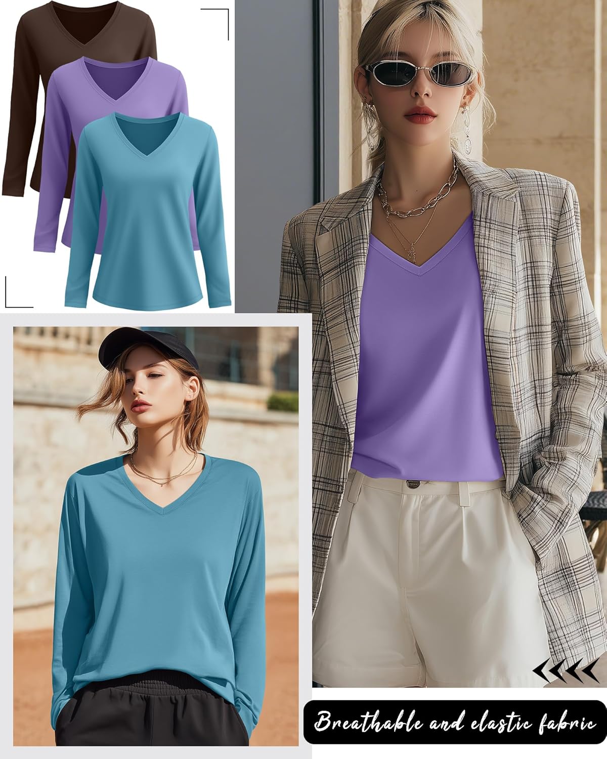 Ficerd 3 Pack Women's Long Sleeve Shirts, V Neck Cotton Blend Tops Loose Fit Casual T-Shirts Curved Hem Basic Layering Tees - Image 2