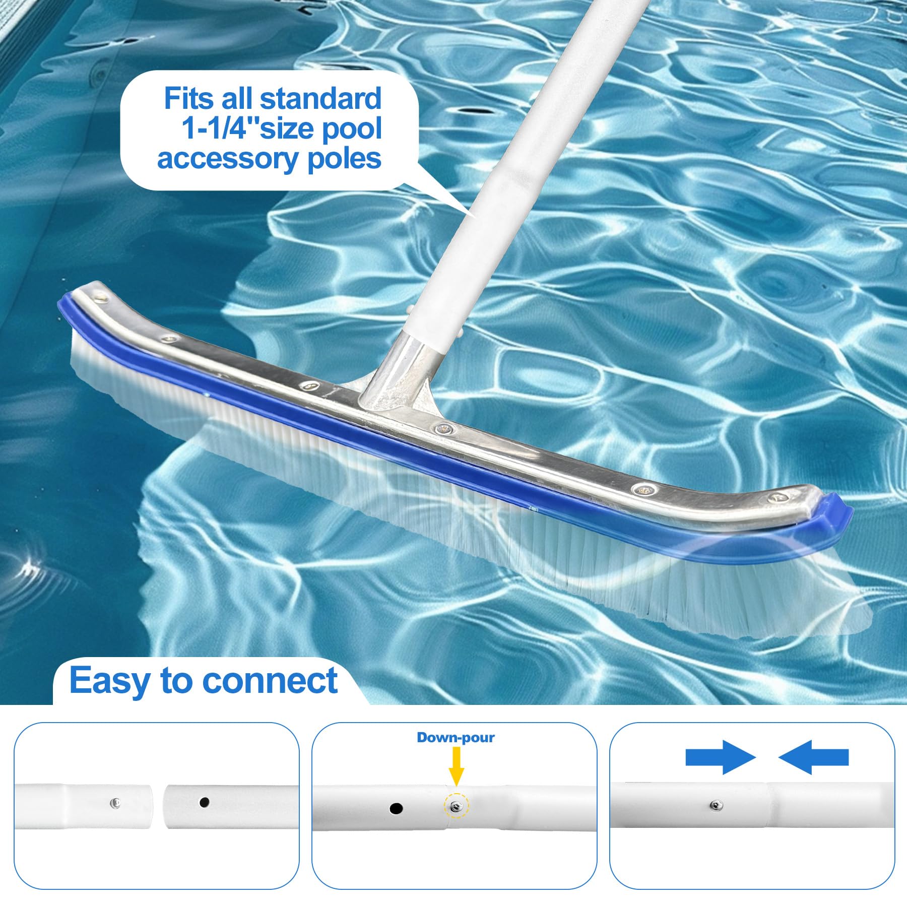 TZEKING 43cm Spazzola per Piscina con Manico, Scopa per Piscina1.8 M Asta Regolabile,con Asta in Alluminio Regolabile e Retro in Alluminio Rinforzato