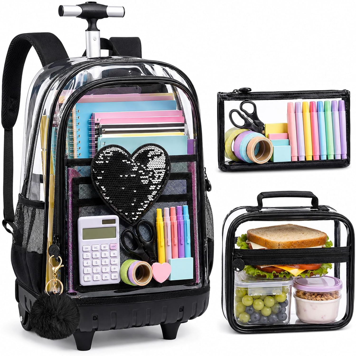 gxtvo 3PCS Clear School Rolling Backpack Heavy-Duty Set for Women & Teen Girls, 20" See Through Wheeled Bookbag with Large Front Pocket, Black Sequin Roller Transparent Bag
