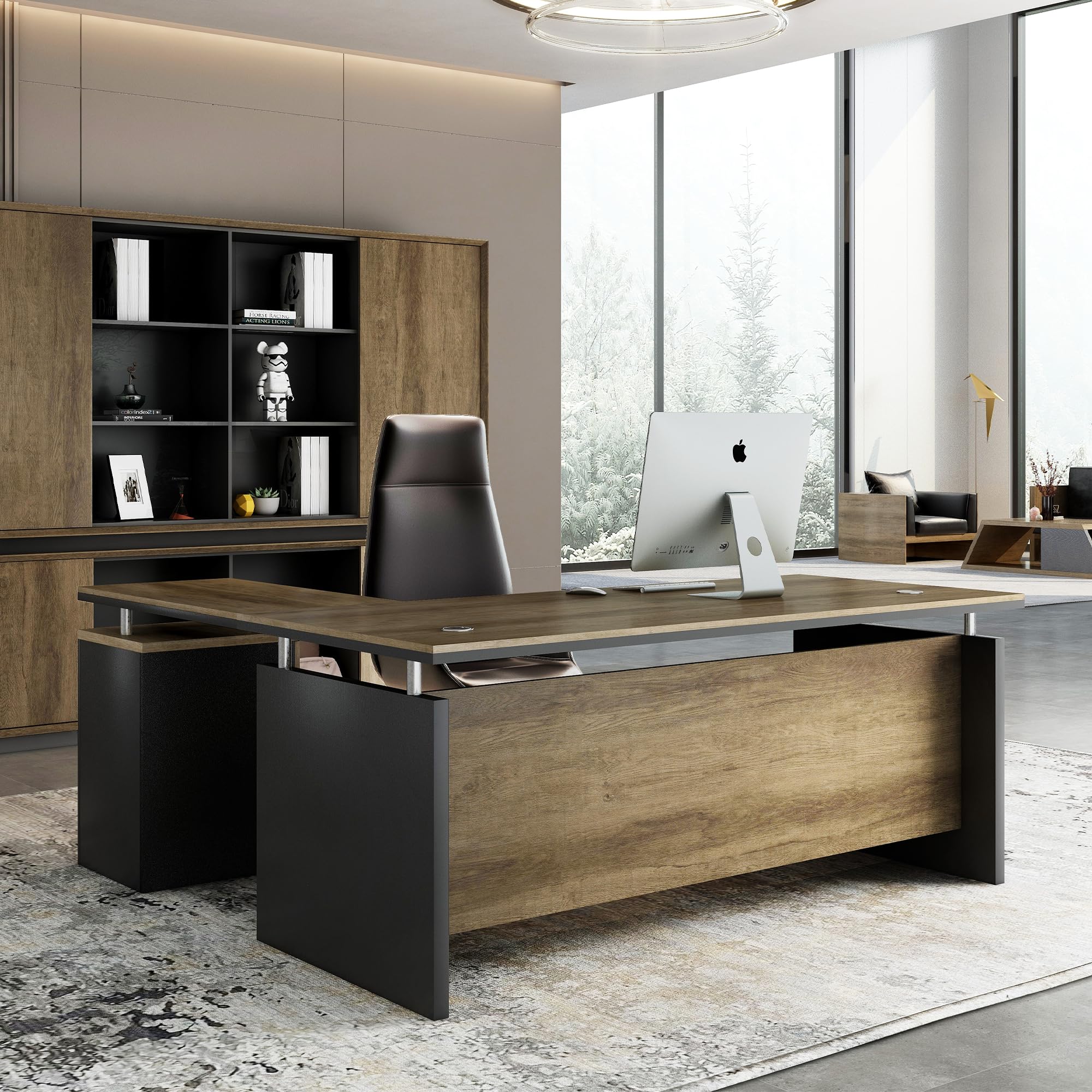 Scrivania da ufficio industriale moderna da 160 cm, con 3 cassetti, finitura in finto legno, gestione dei cavi integrata e presa di corrente, perfetta per casa, ufficio e uso aziendale