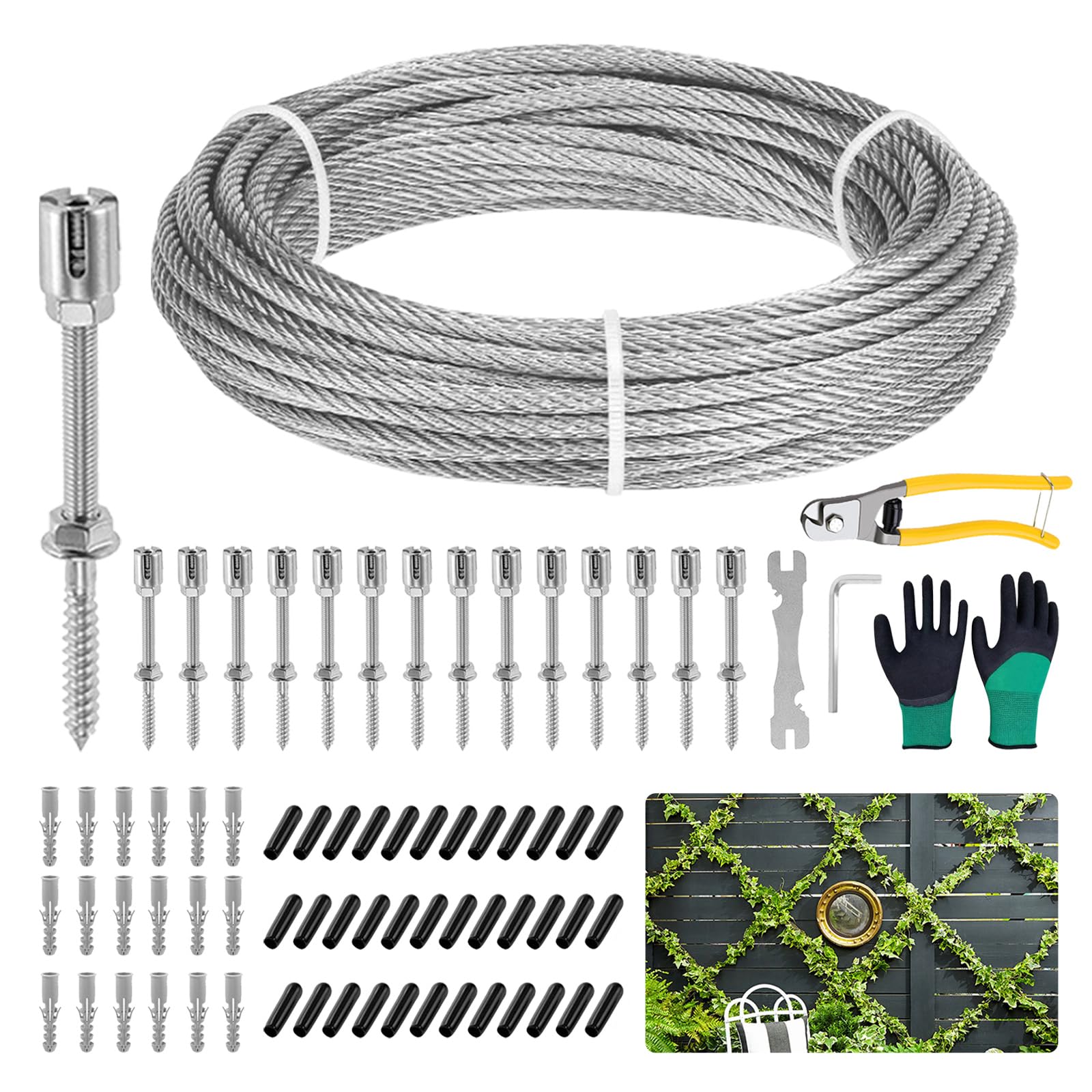 30M Tutor para Plantas Trepadoras, Cable de Acero Inoxidable T316 Sus de 3 mm, Kit Completo con Cortaalambres, Guantes Resistentes a la Abrasión y Accesorios de Enrejado para Vides y Flores
