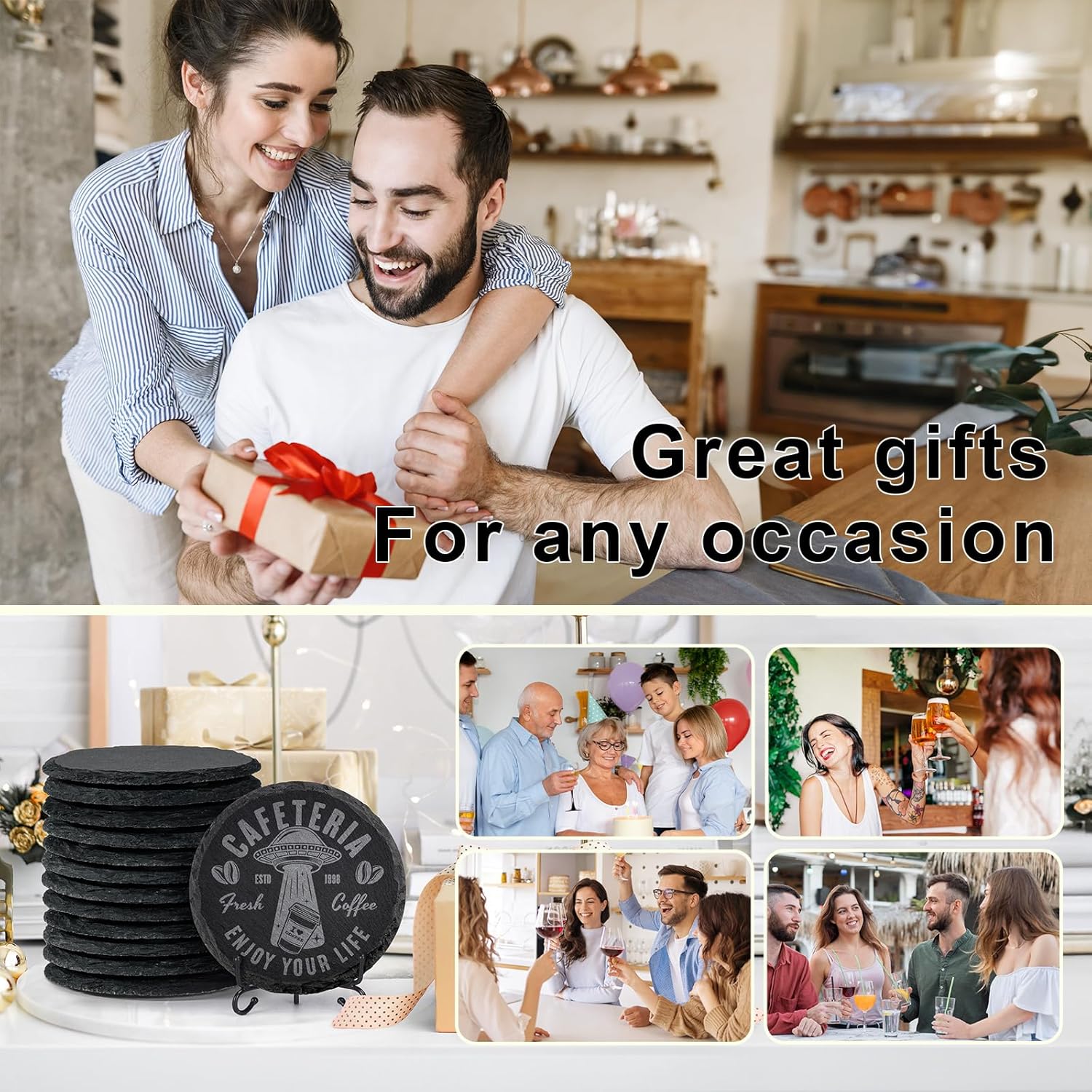 60 PCS Slate Coasters Bulk, MAPRIAL 4 Inch 30PCS Black Round, 30PCS Hexagon Stone Coasters for Laser Engraving, Handmade Drink Coaster Engravable Blanks Material for Engraver, Crafts, Gifts
