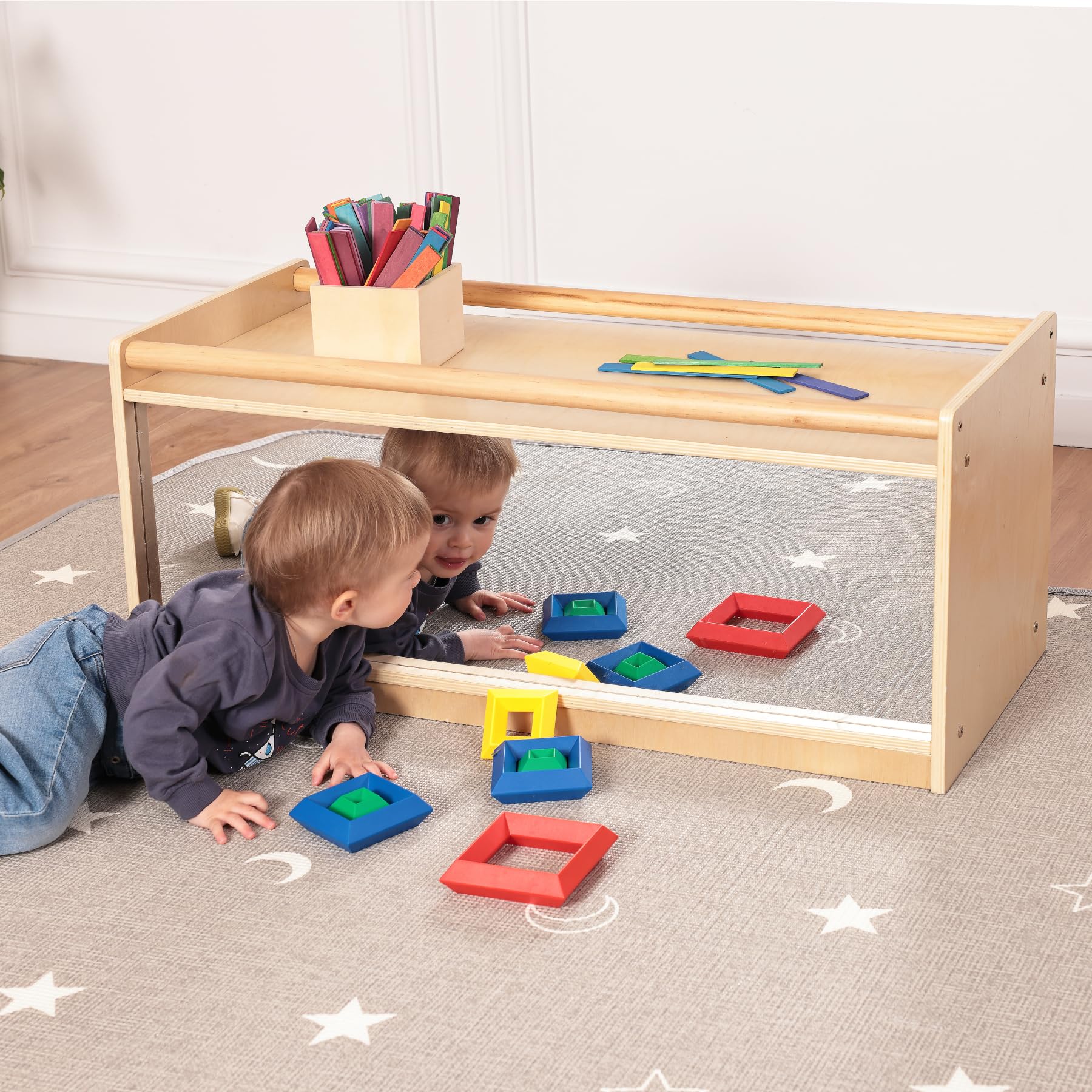 Almacenamiento de juguetes para niños pequeños con espejo trasero, cubículos preescolares y guardería para bebés con 2 pasamanos de sujeción superior, muebles para niños pequeños, hogar, aula, 3
