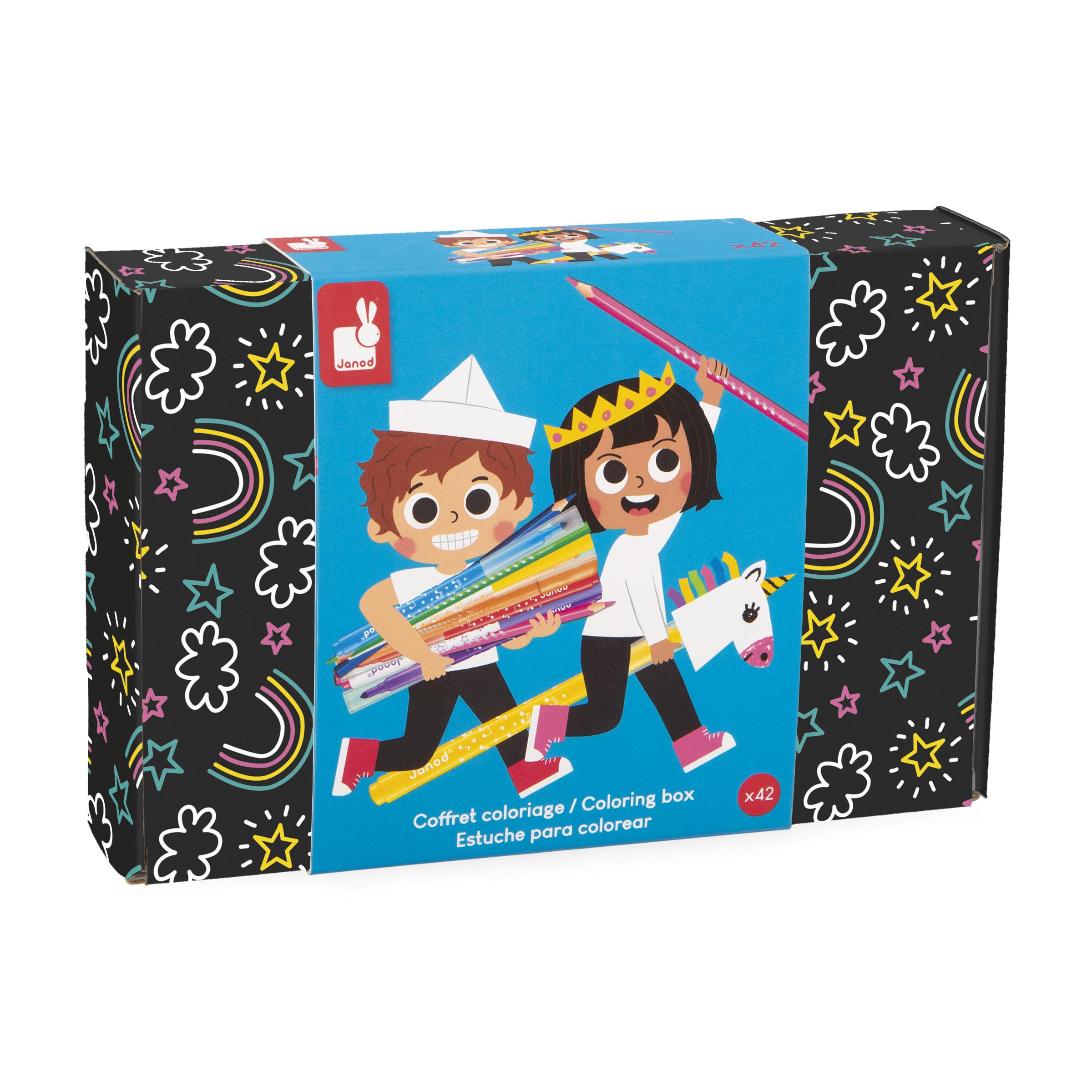 Janod - Coffret Coloriage 42 Pièces Cartes à Colorier, Feutres Classiques, Pailletés et Magiques, Crayons de Couleur - Idéal Cadeau - Boite Réutilisable - Dès 3 Ans