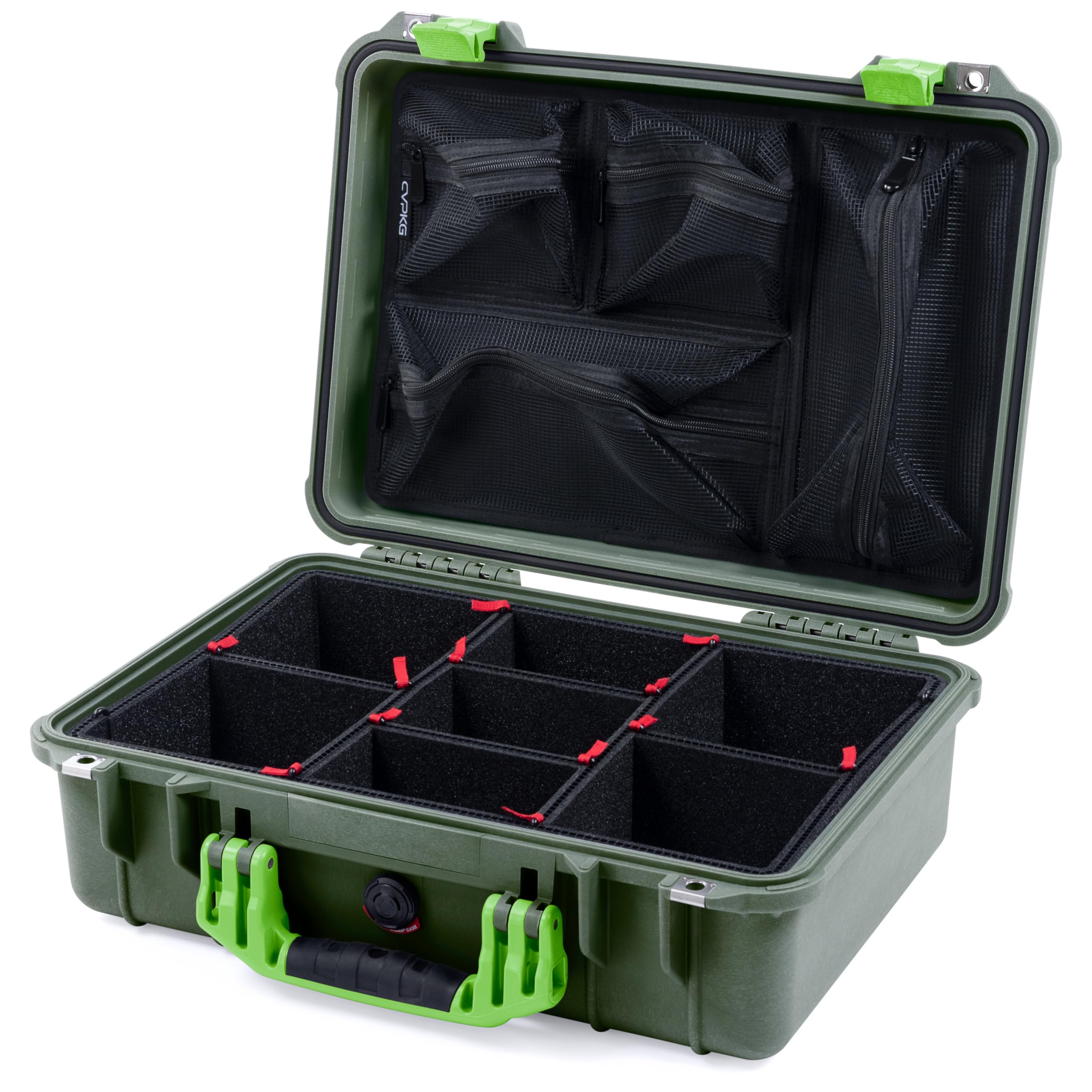 ColorCase Pelican 1500 Case OD Green - Medium Size Waterproof Case with TrekPak Divider & Mesh Lid Organizer - Lime Green Handles & Latches