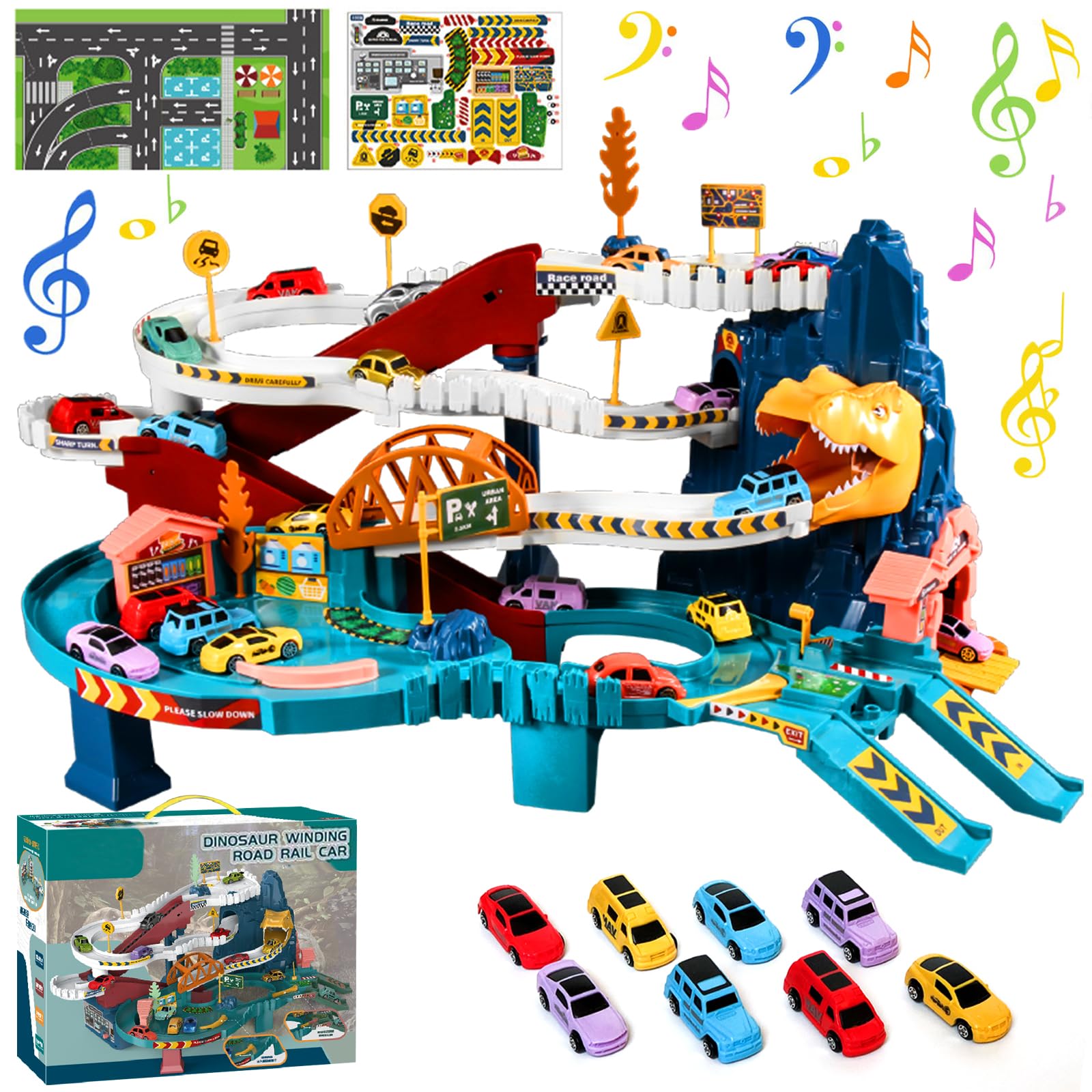 Tatqilo Boys Dinosaur Race Track Play Set, Children's Toy Car Garage with 8 Mini Cars, Car Ramp Toy with Music Effects, Educational Toy, Christmas & Birthday Toy Gift for Kids 3 4 5 6 7 8 Years Old