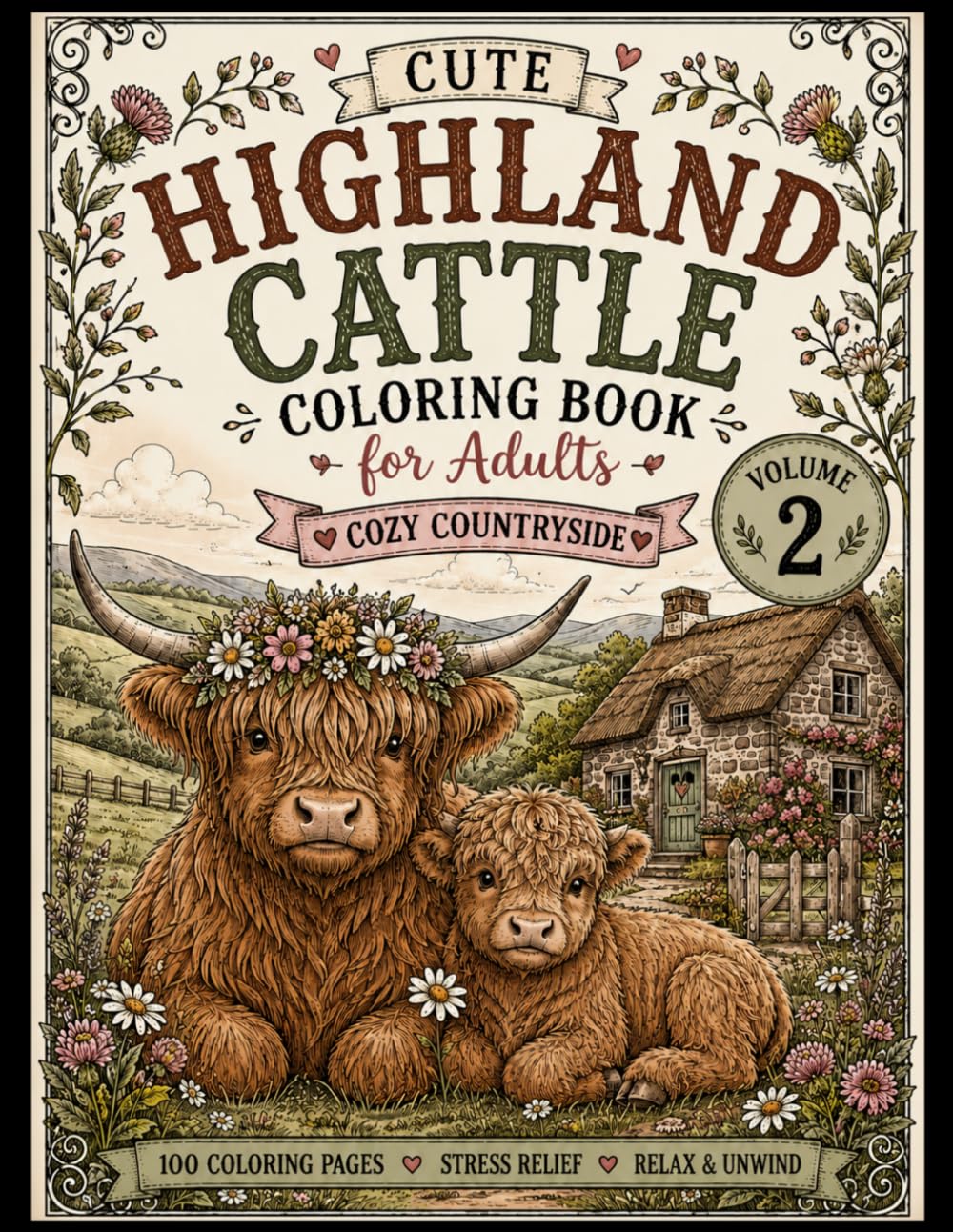Cute Highland Cow Coloring Book for Adults Volume 2: 100 Cozy Countryside Coloring Pages Featuring Adorable Highland Cattle, Peaceful Farm Life, Rustic Landscapes & Relaxing Stress Relief Designs