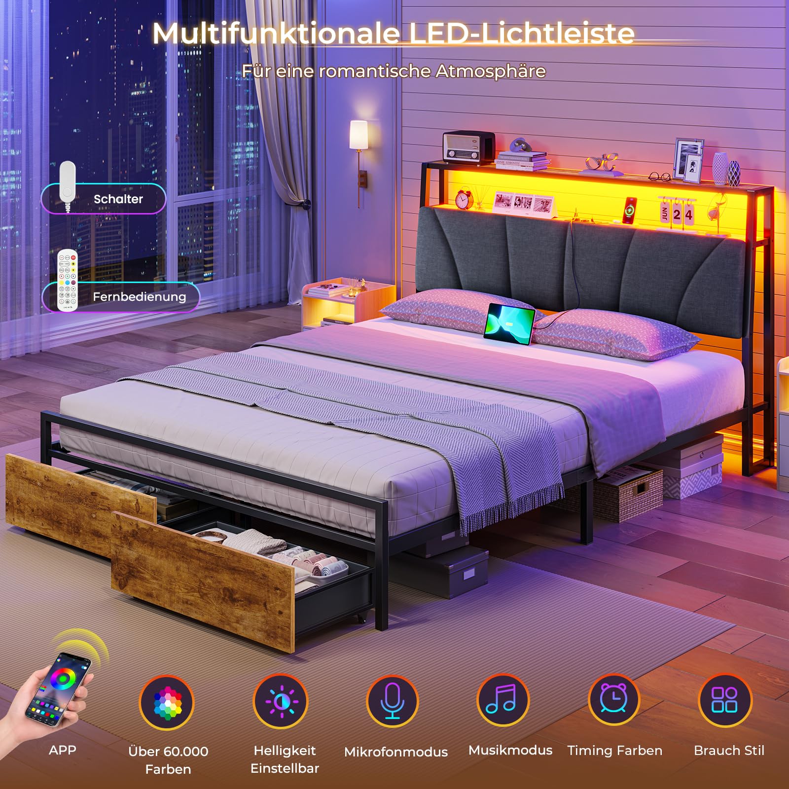 Brinlawb Bett 140x200 mit Stauraum, Lattenrost aus Metall, Bettgestell 140x200 cm mit LED & Ladestation (2 AC-Steckdosen & 2 USB-Anschlüsse), Jugendbett Doppelbett mit 2 großen Schubladen, Grau