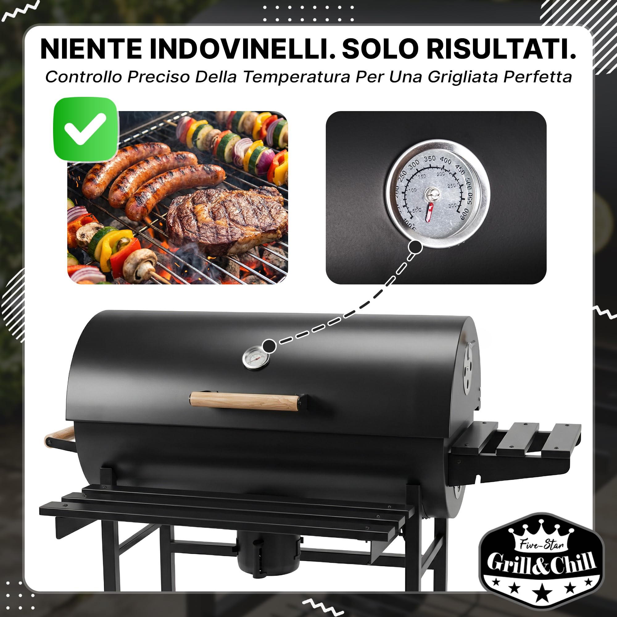 Grill & Chill Barbecue a Carbone 71×35 cm Coperchio con Termometro Acciaio Nero