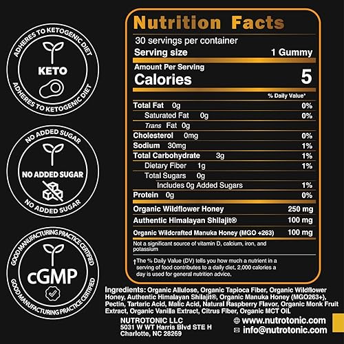 Miniatura 2 de NutroTonic Gomitas Shilajit orgánicas del Himalaya  Sabor a vainilla de frambuesa orgánica  Shilajit para hombres y mujeres  Miel de Manuka