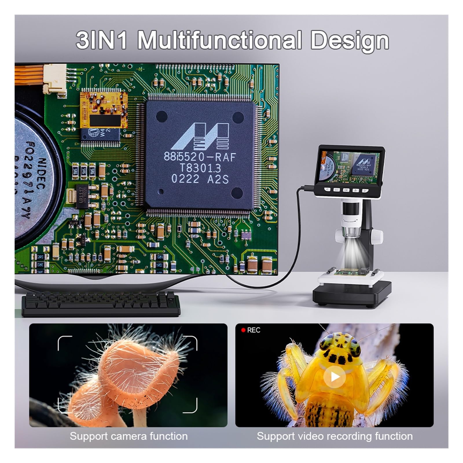 1000X 4.3" LCD Digital Microscope 1080P Coin Microscopio 8 LED Lights USB Magnifier Soldering Repair Video Microscope for Coin(Black)