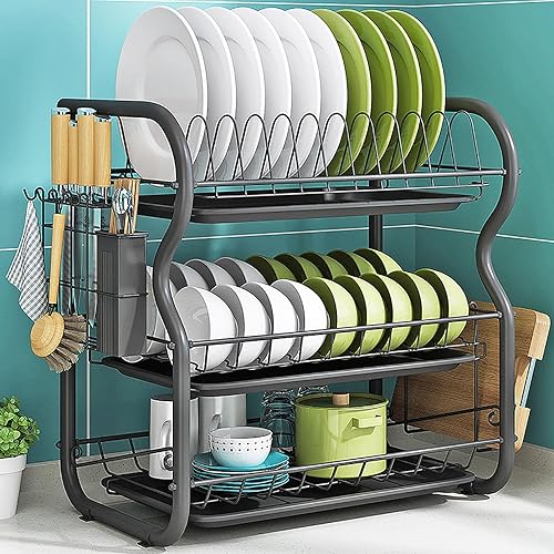 WestUx Escurreplatos grandes de 3 niveles de acero inoxidable que ahorran espacio, a prueba de óxido, con soporte para utensilios para encimera de