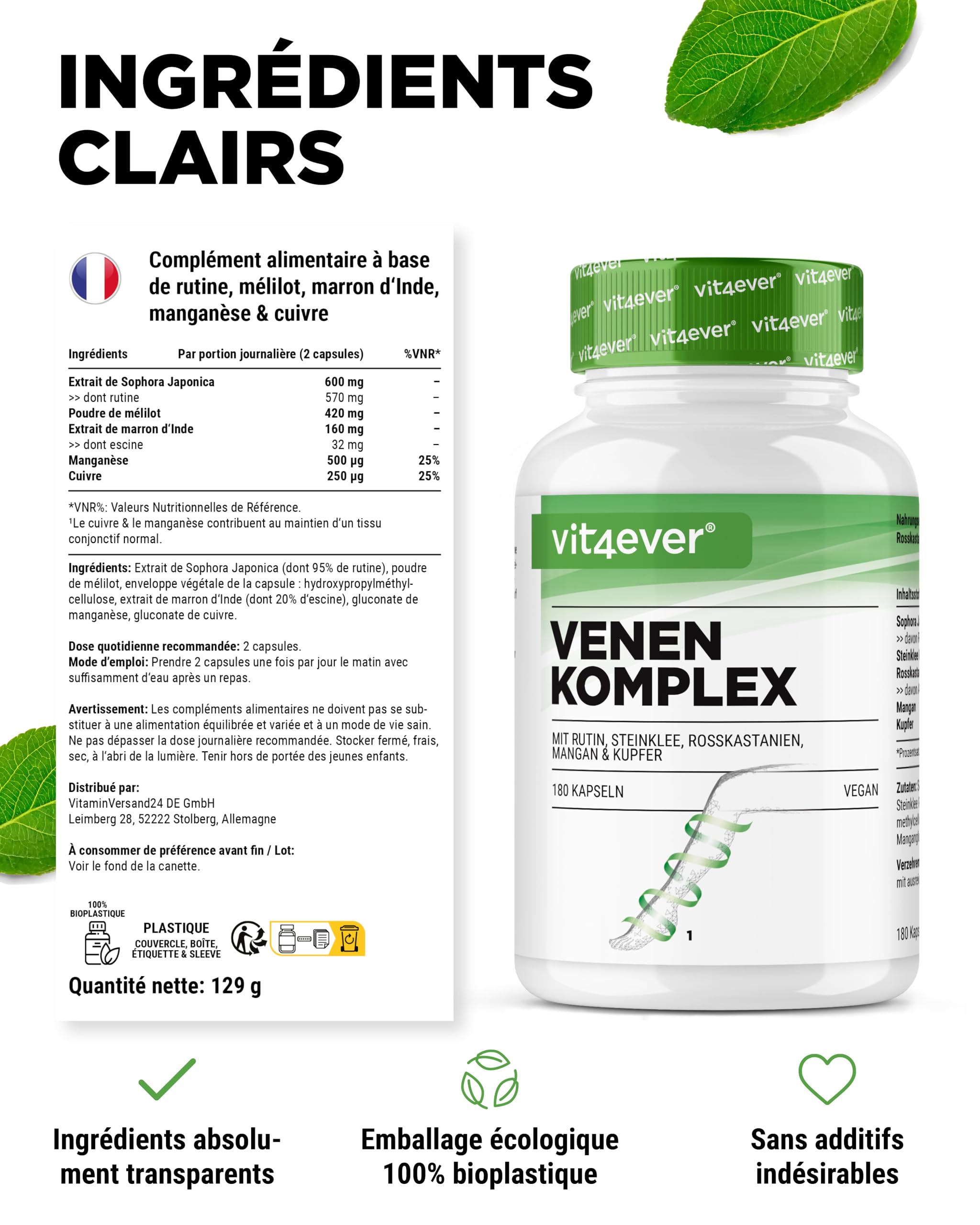Complexe Veineux - 180 Capsules - 3 Mois d'Approvisionnement - Hautement Dosé en Rutine, Mélilot, Extrait de Marron d'Inde, Manganèse, Cuivre - Extraits Premium - Vegan