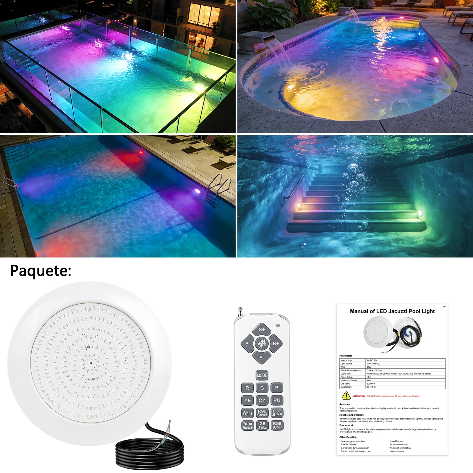 COOLWEST Foco LED Piscina con Rosca 1 1/2", 25W Proyector LED Piscina RGB Multicolor con Remoto, Ø180mm, Impermeable IP68 Lámpara Sumergible para Piscinas SPA Escaleras, 12V AC/DC