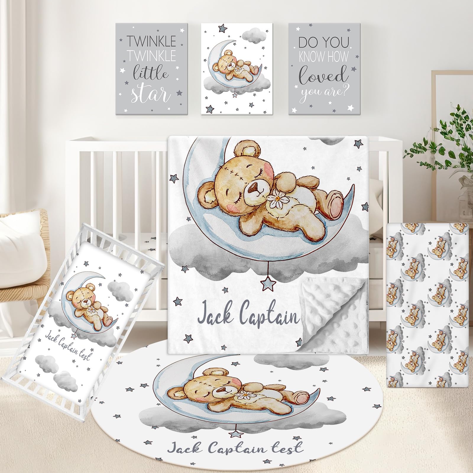 Personalized Crib Set 5 Pcs Custom Baby Bedding with Name Double Layer Nursery Bedding for Boy Girl Soft