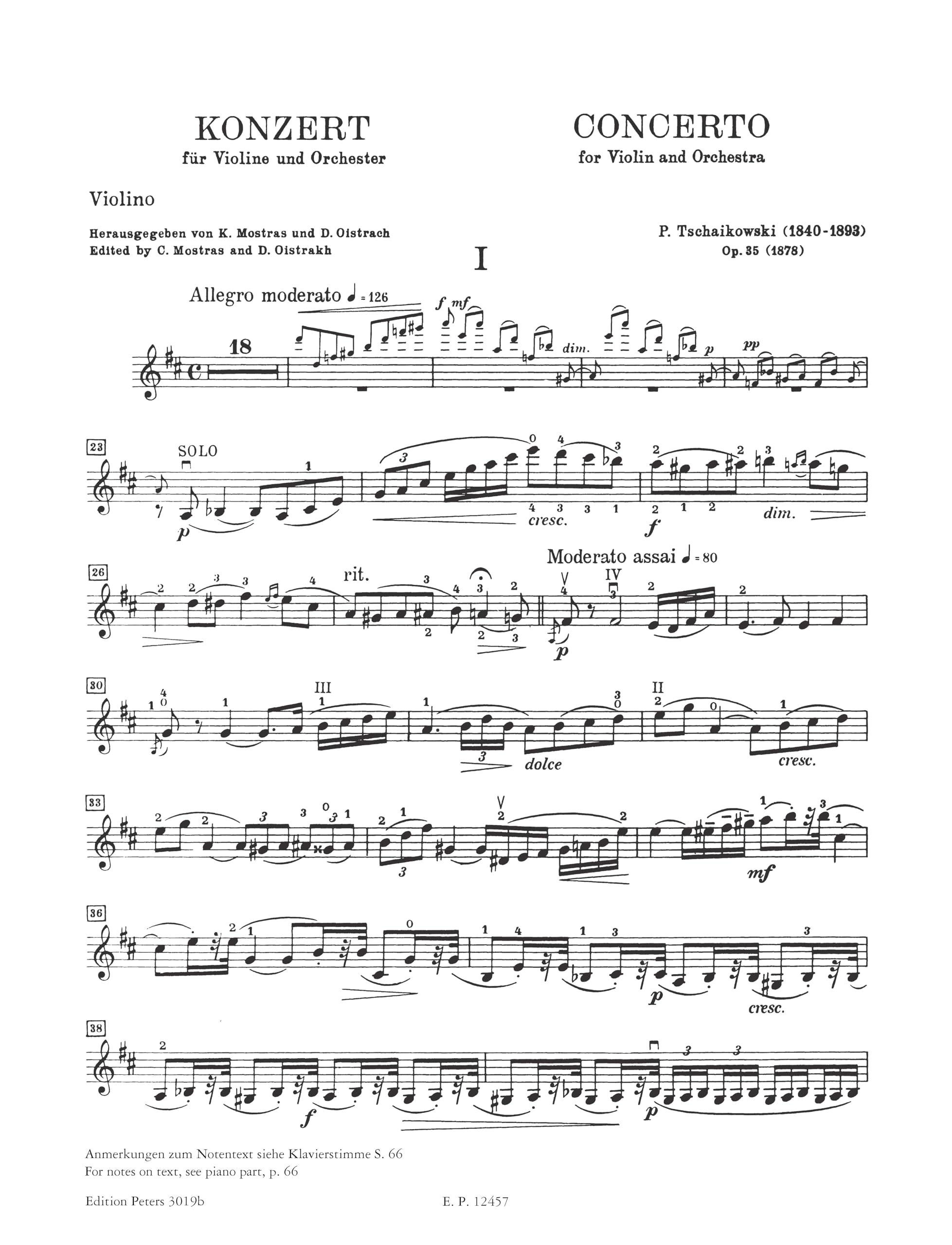 Violin Concerto in D Op. 35 Edition for Violin and Piano by the Composer: Solo Part Ed