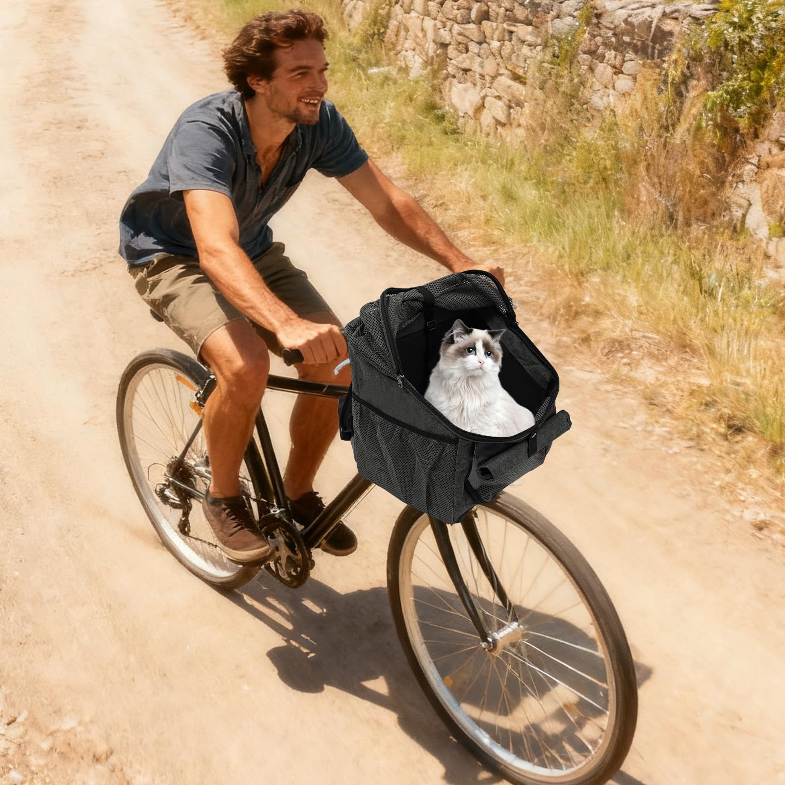 Borsa da bicicletta pieghevole per animali domestici, cestino per cani e gatti anteriore o posteriore, zaino per cani e cani fino a 7,5 kg, cestino per bicicletta con finestra in rete (grigio)