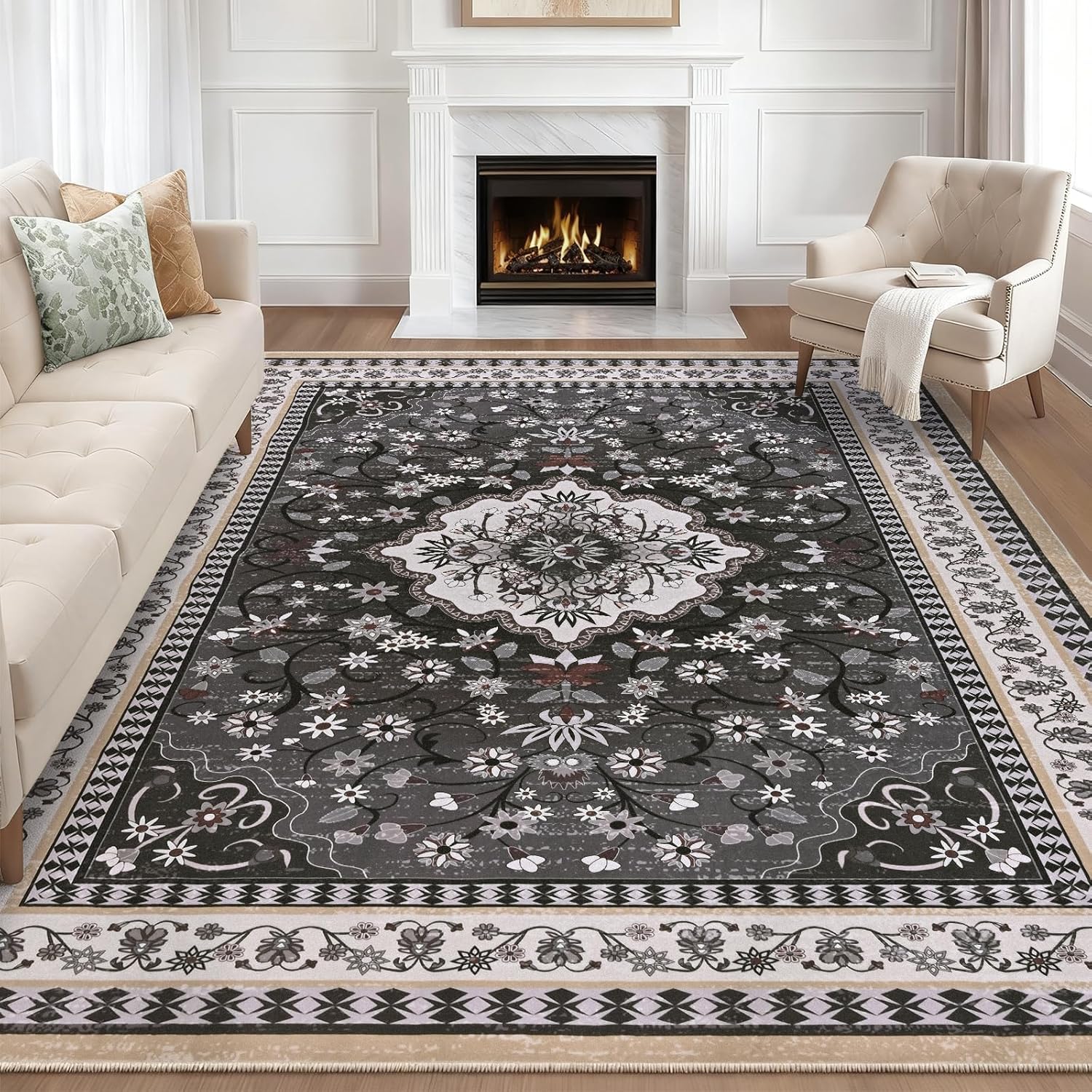 Luxury 8' x 10' Black Washable Area Rugs, Boho Low Pile Easy Clean Non-Slip Rug, Floral Medallion Pattern Vintage Rugs for Living Room, Dinning Room, Office, Bedroom, Bathroom, Laundry Room, Farmhouse