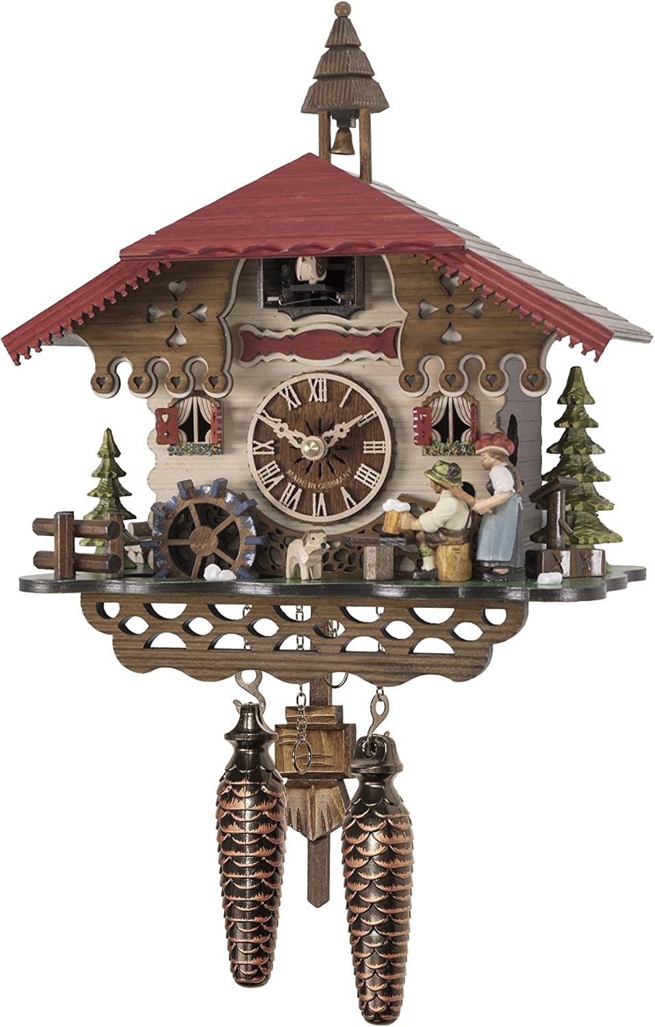 Engstler Quartz Cuckoo Clock Black Forest House with Music, Turning Mill-Wheel, The beerdrinker and The Black Forest Girl Lift Their arm